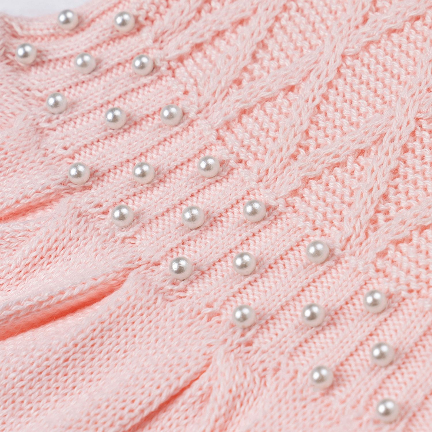 Saída Maternidade Tricot Primeiro Vestidinho com Pérolas Rosa 03 Peças