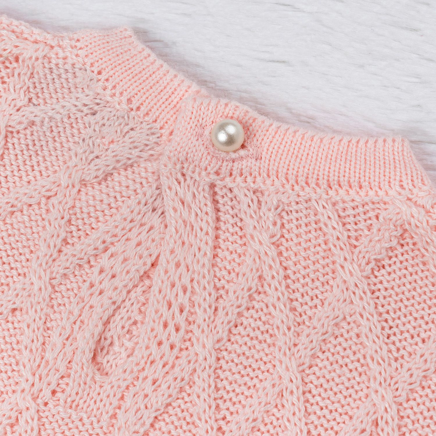 Saída Maternidade Tricot Primeiro Vestidinho com Pérolas Rosa 03 Peças