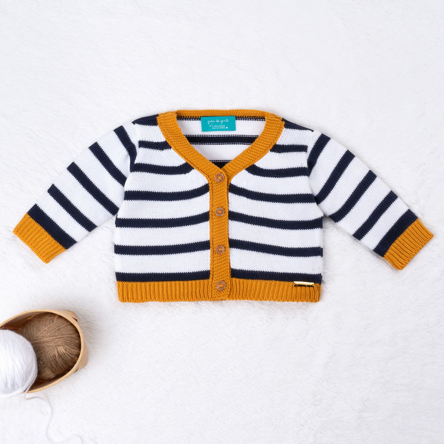 Saída Maternidade Tricot Listra Amarelo Mostarda e Marinho 03 Peças