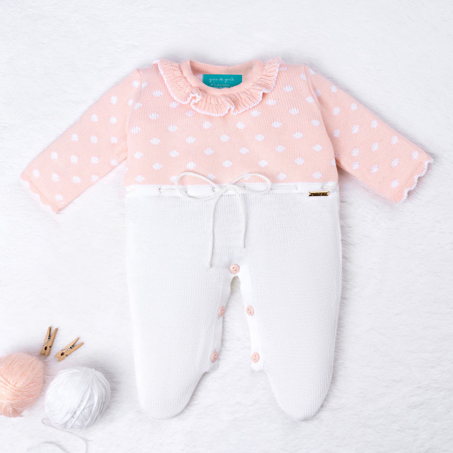 Saída Maternidade Tricot Poá Gola Babado Rosa 02 Peças