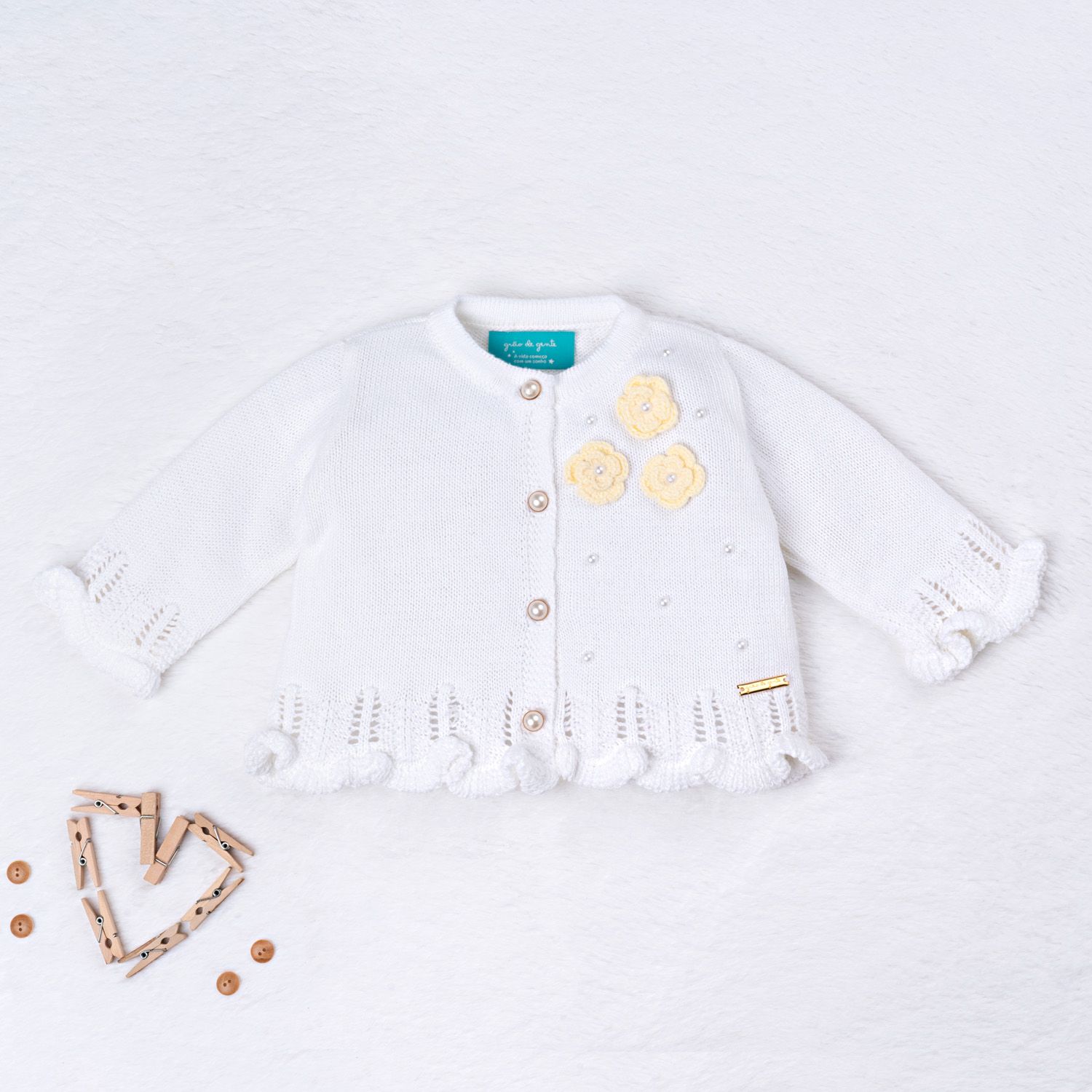 Saída Maternidade Tricot Ladylike Flor e Pérola Nude Rosé 03 Peças