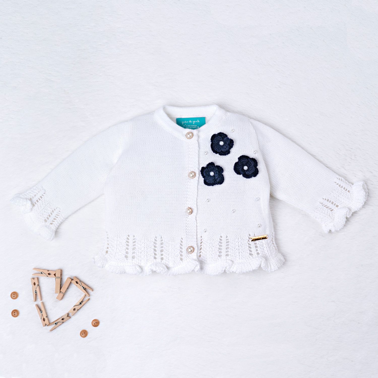 Saída Maternidade Tricot Ladylike Flor e Pérola Nude Rosé 03 Peças