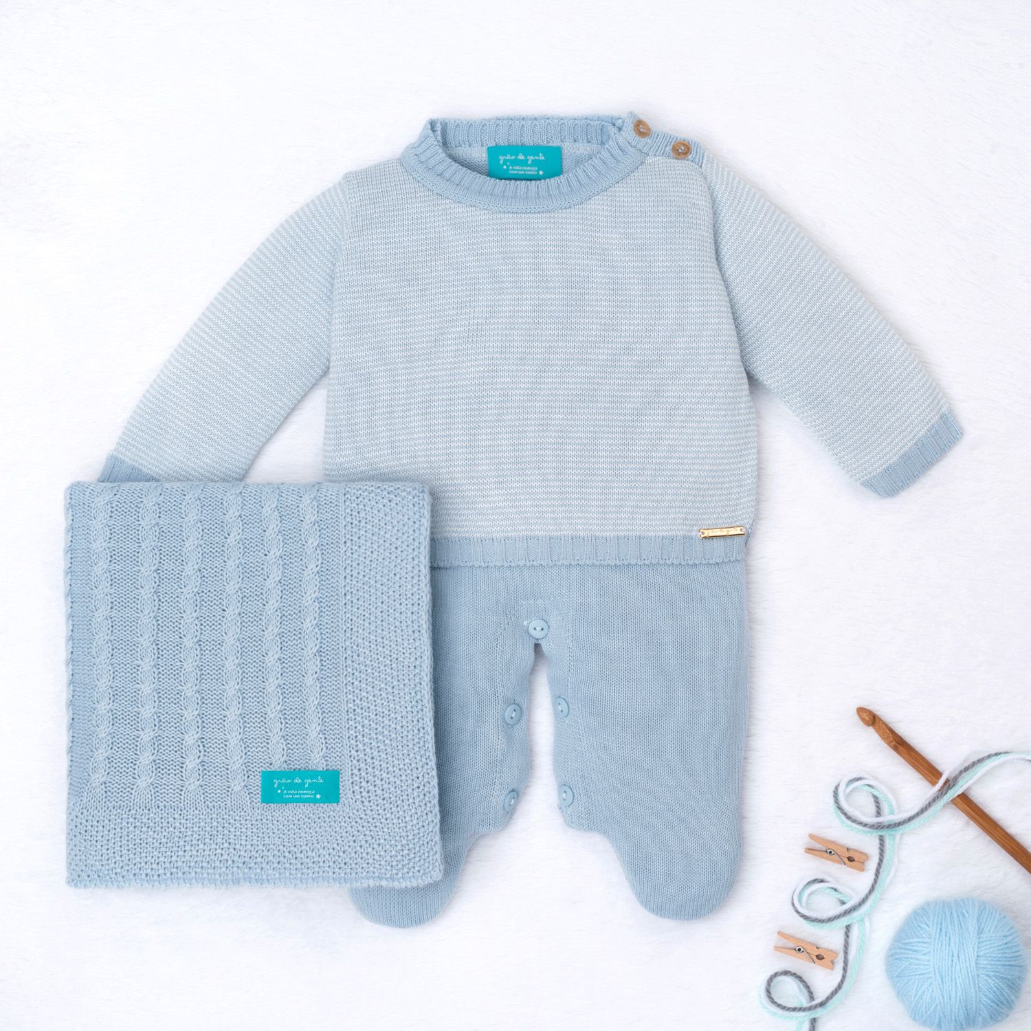 Saída Maternidade Tricot Micro Chevron Verde e Branco 03 Peças