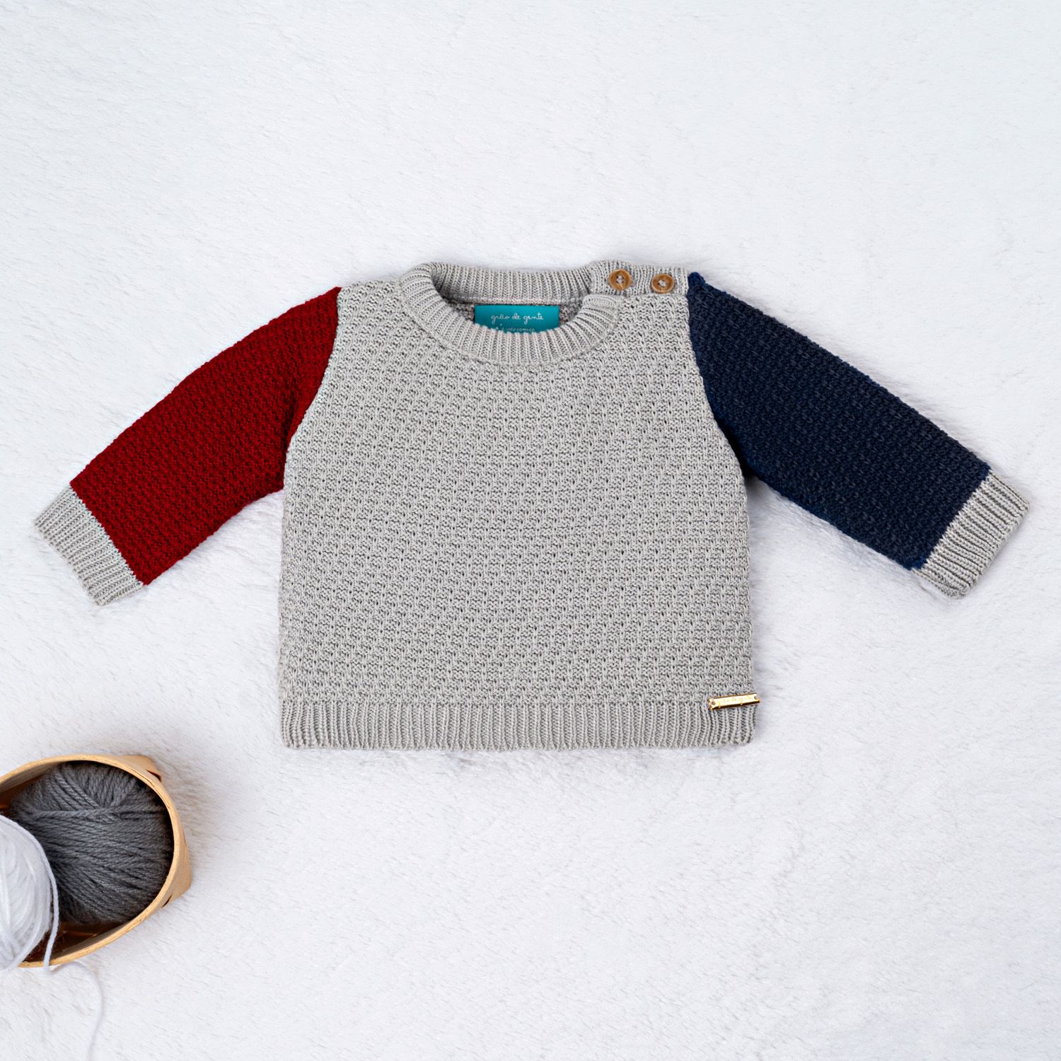 Casaquinho Tricot Tricolor Azul, Vermelho e Cinza