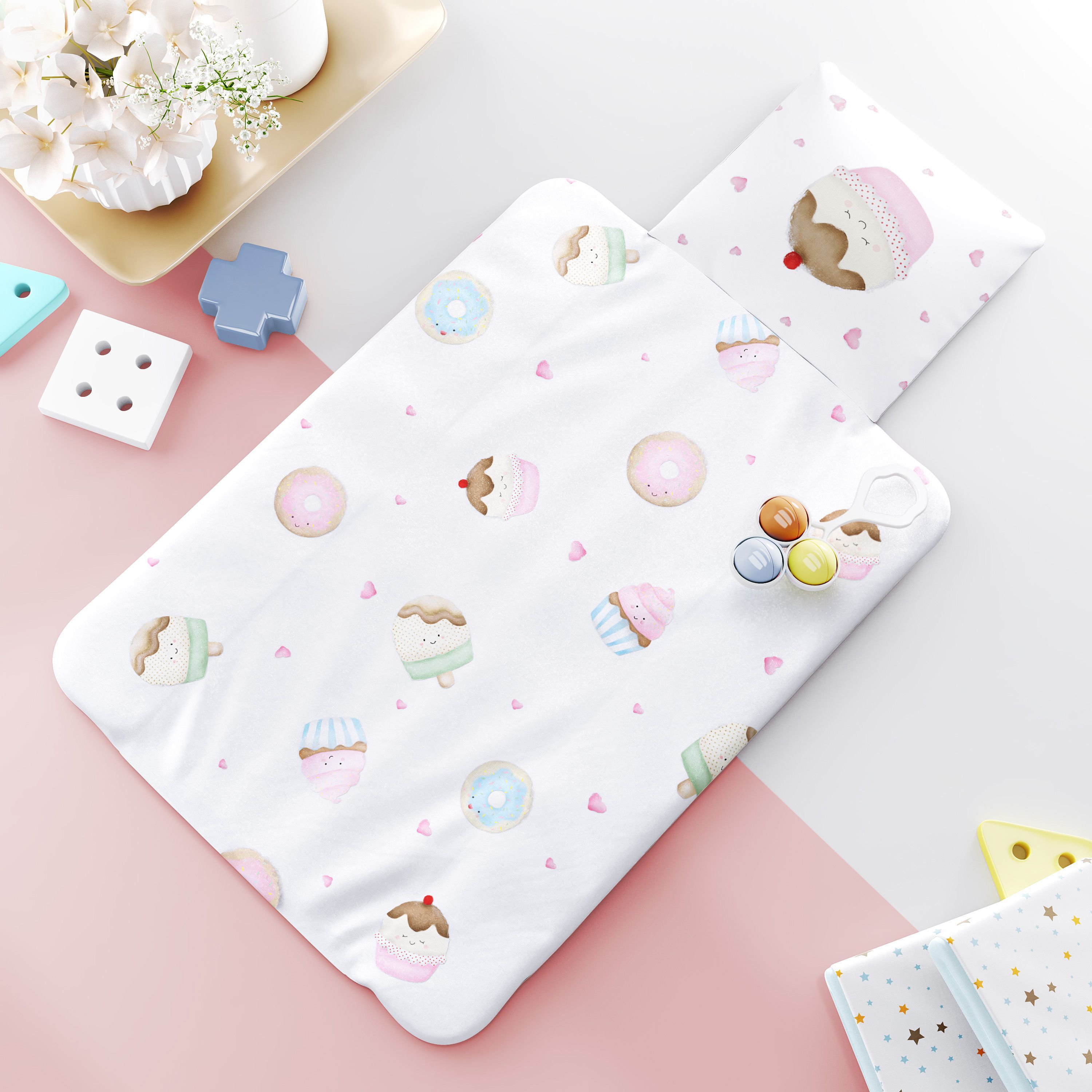 Kit Almofada Amamentação Docinho Colorido + Trocador de Fraldas Portátil Casinha Doce Encanto