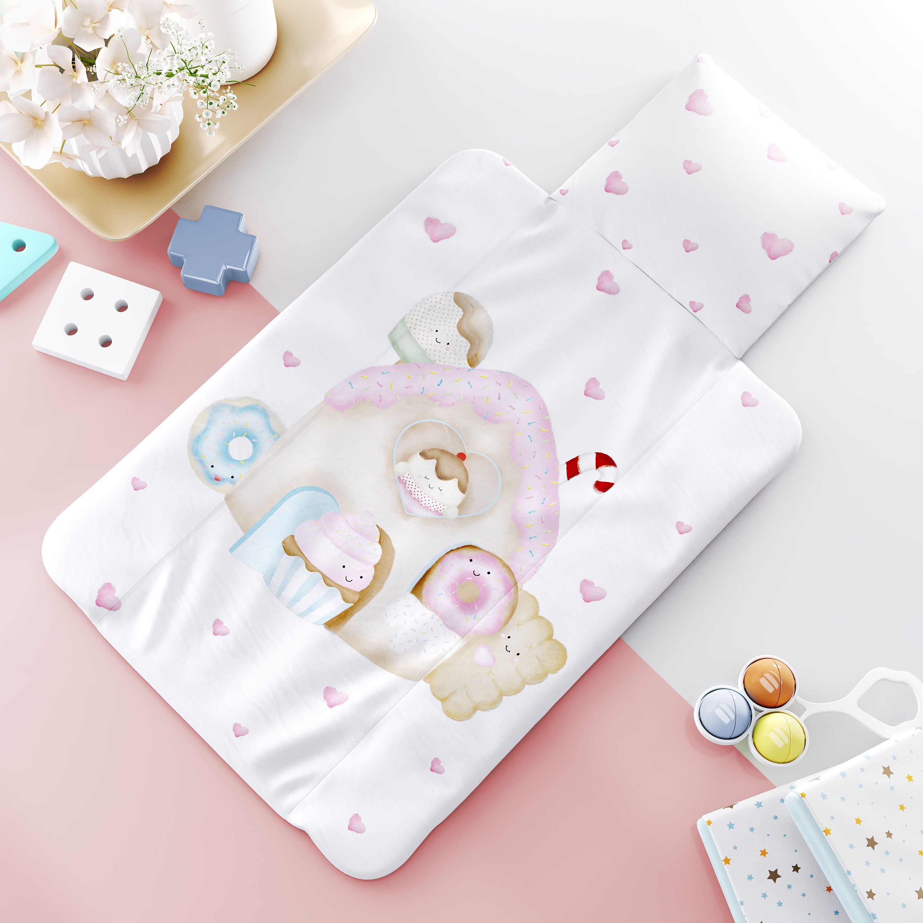 Kit Almofada Amamentação Docinho Colorido + Trocador de Fraldas Portátil Casinha Doce Encanto