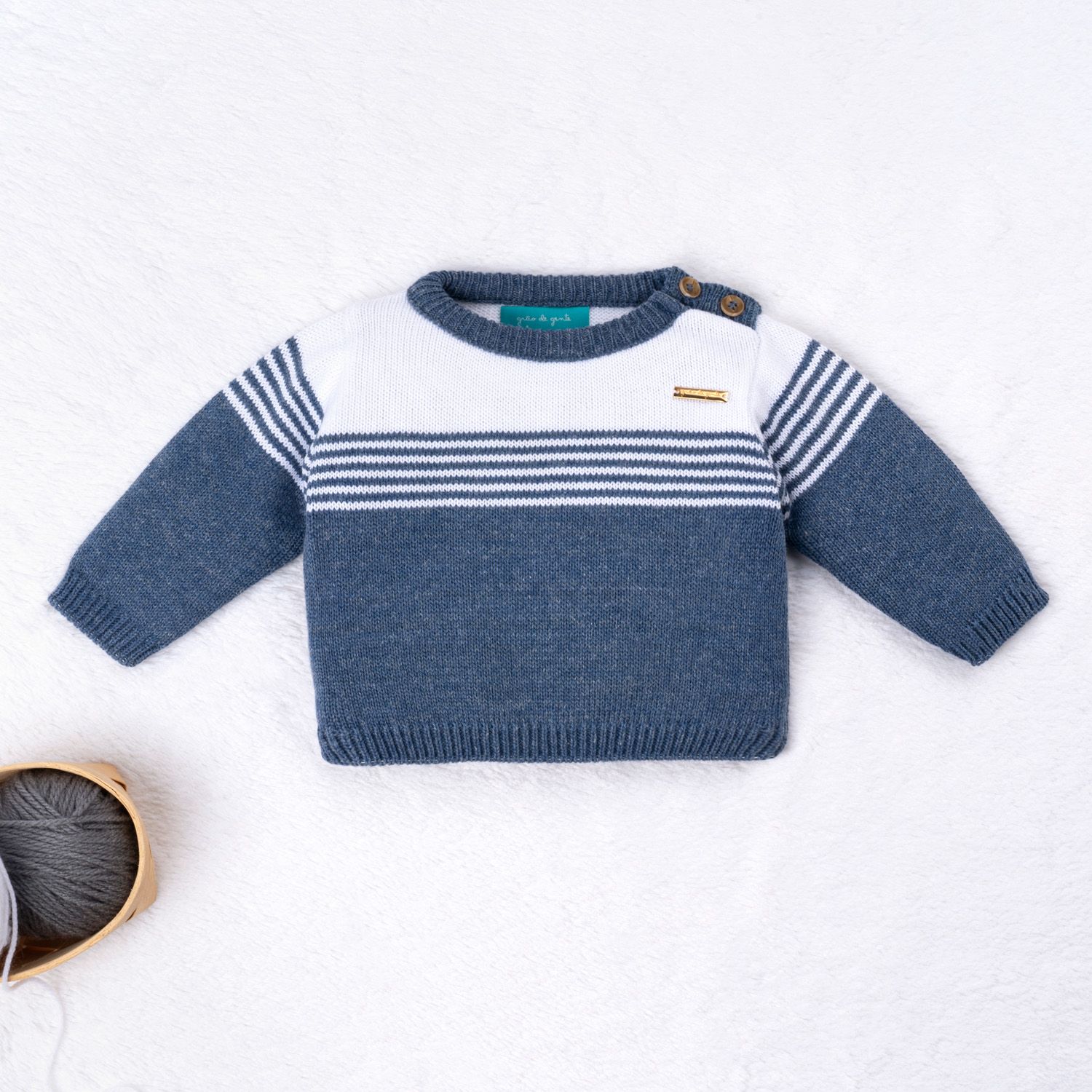 Saída Maternidade Tricot Listra Azul Jeans 3 Peças