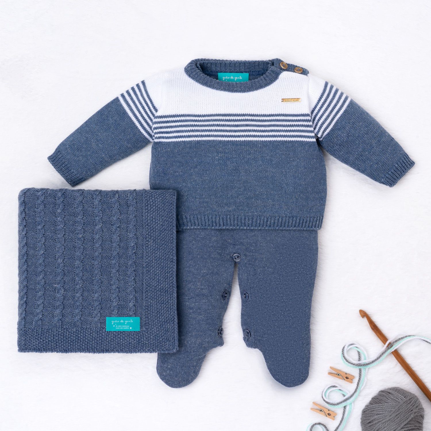 Saída Maternidade Tricot Listra Azul Jeans 3 Peças