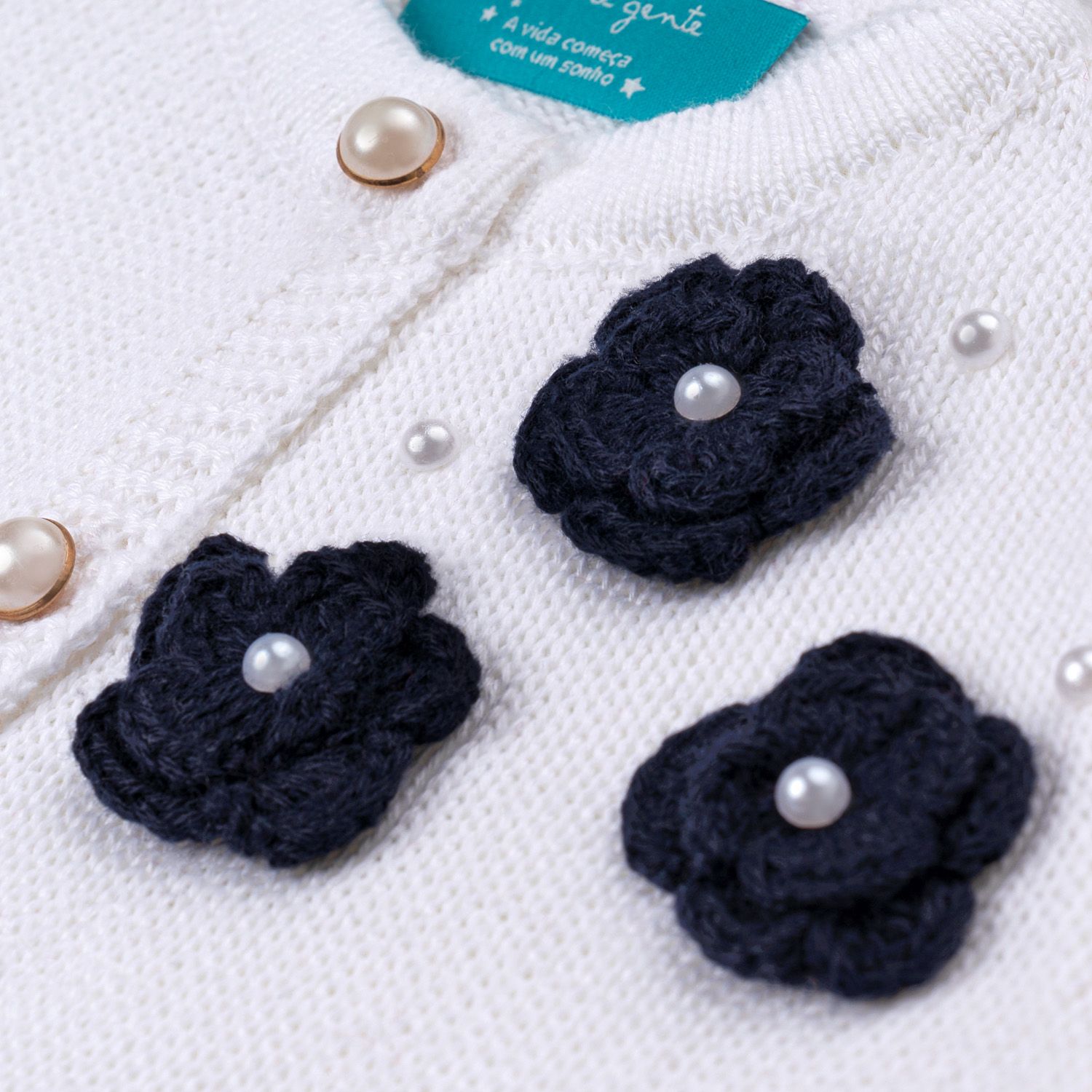 Casaquinho Tricot Ladylike Flor Branco e Nude Rosé