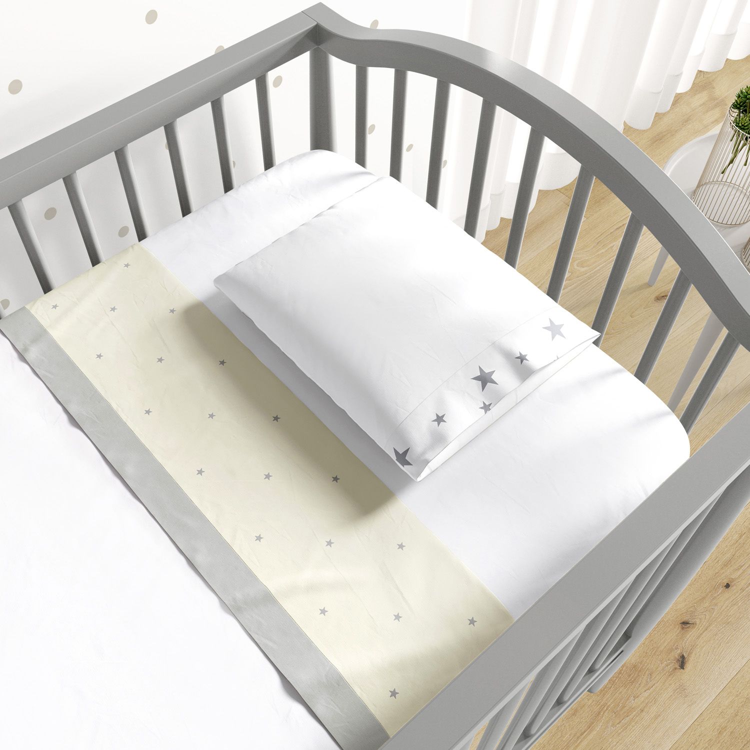 Jogo de Lençol Berço Estrelas Bege e Cinza 3 peças