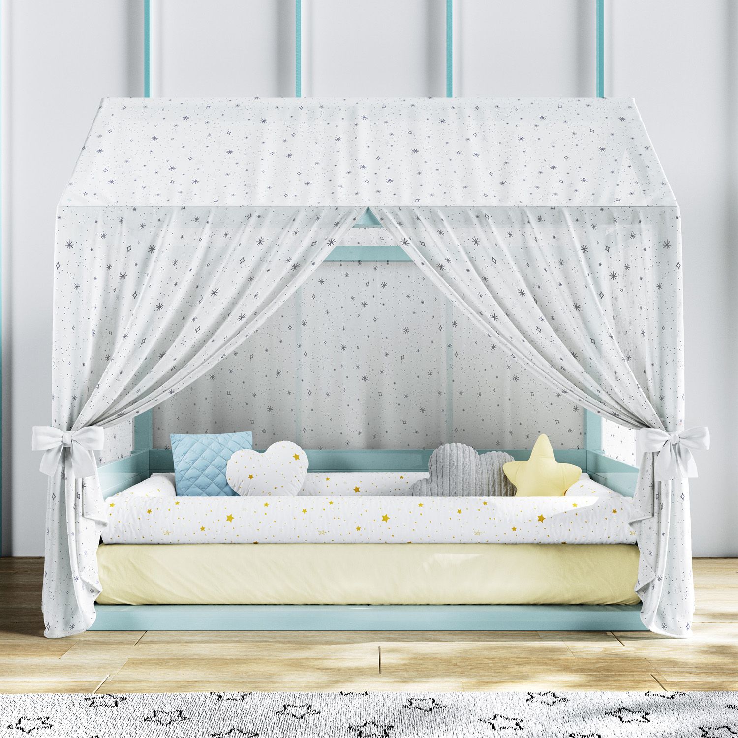 Cortina para Cama Casinha Montessoriana Branca Estrelas e Via Láctea
