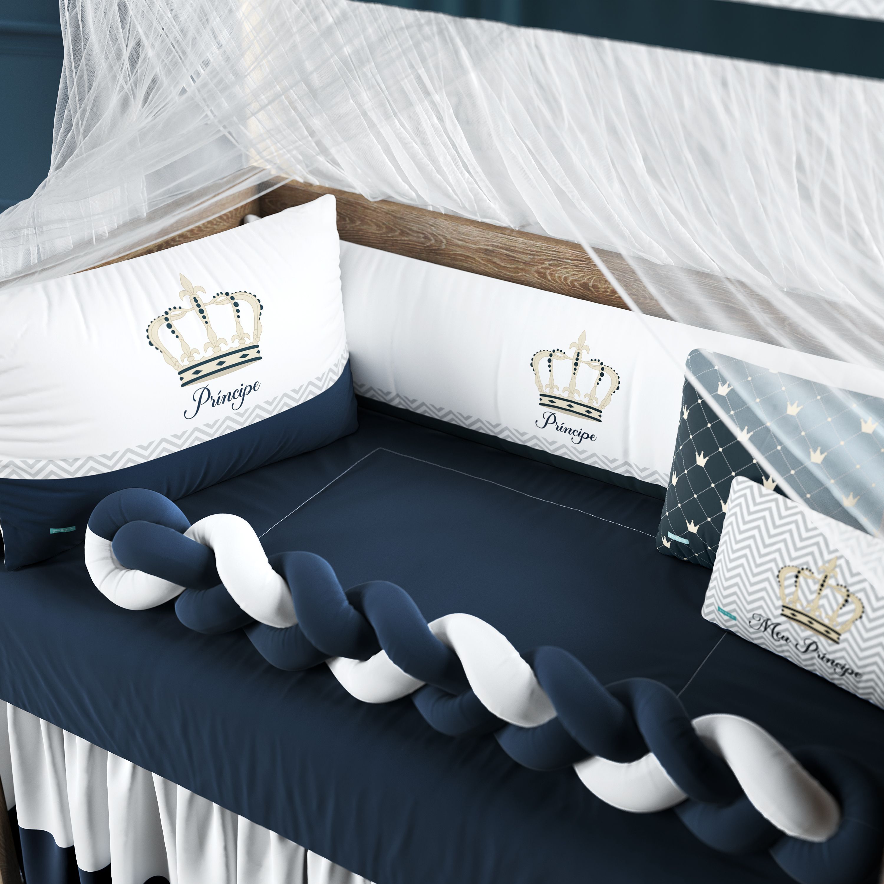 Kit Berço Trança Coroa Meu Príncipe Azul Marinho