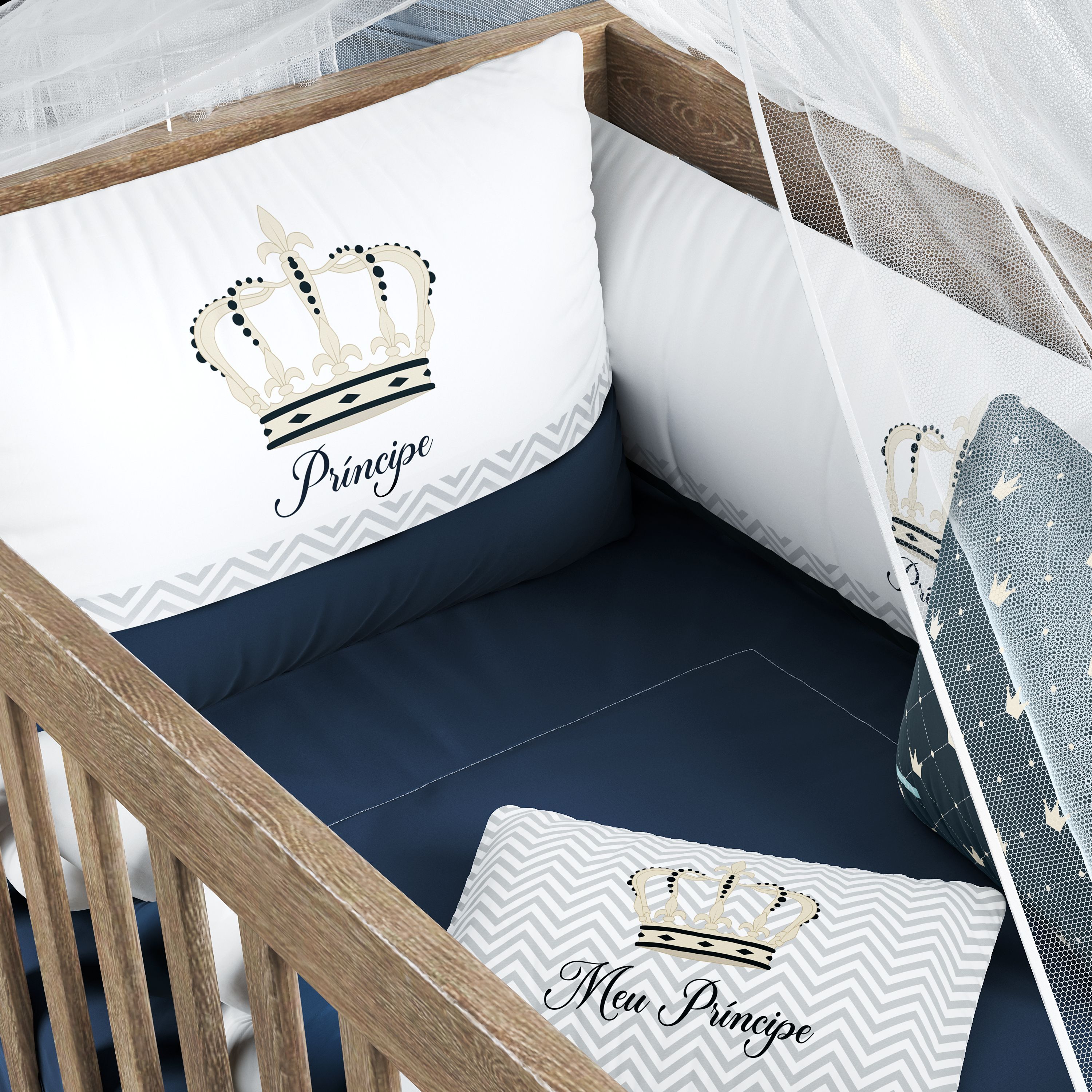 Kit Berço Trança Coroa Meu Príncipe Azul Marinho