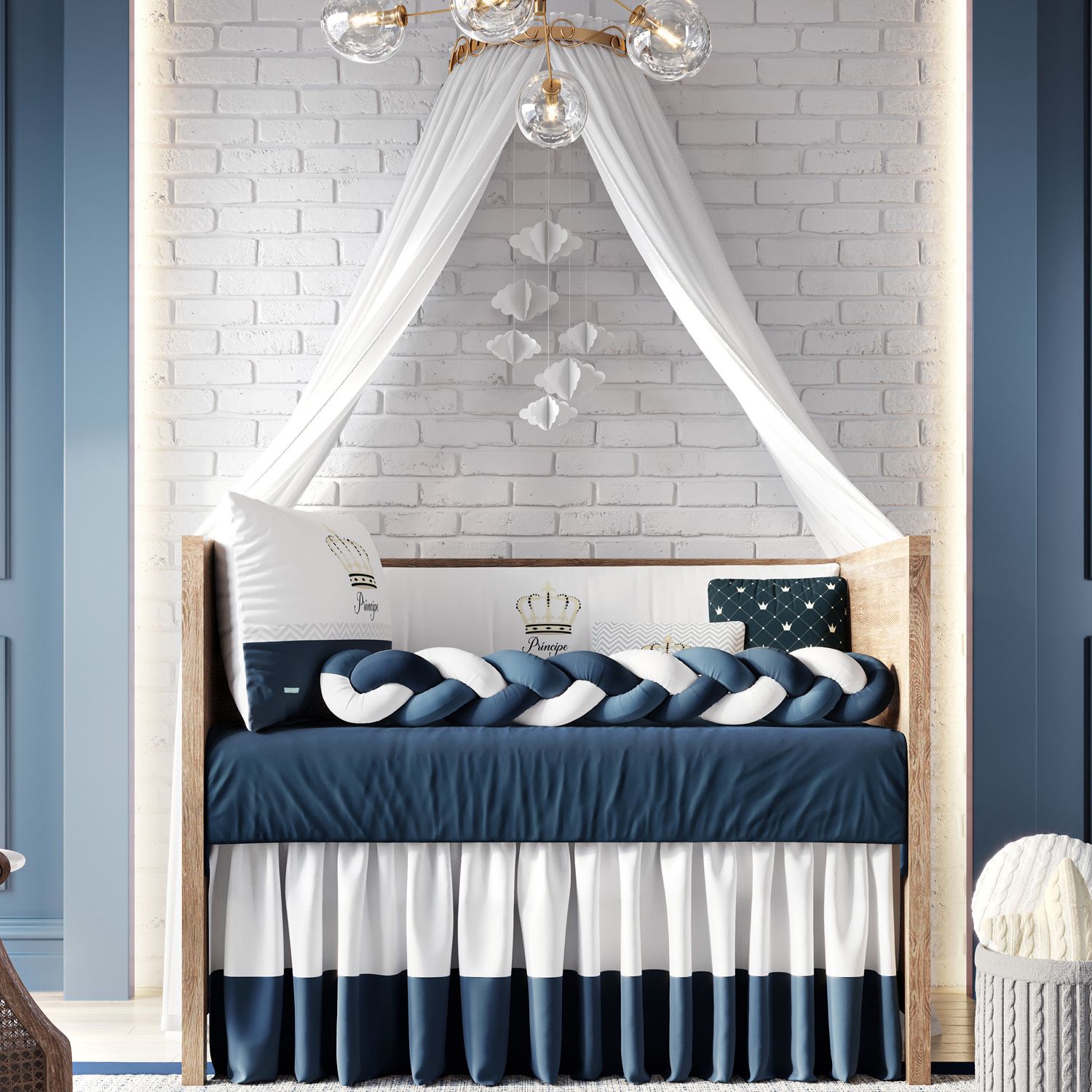 Kit Berço Trança Coroa Meu Príncipe Azul Marinho