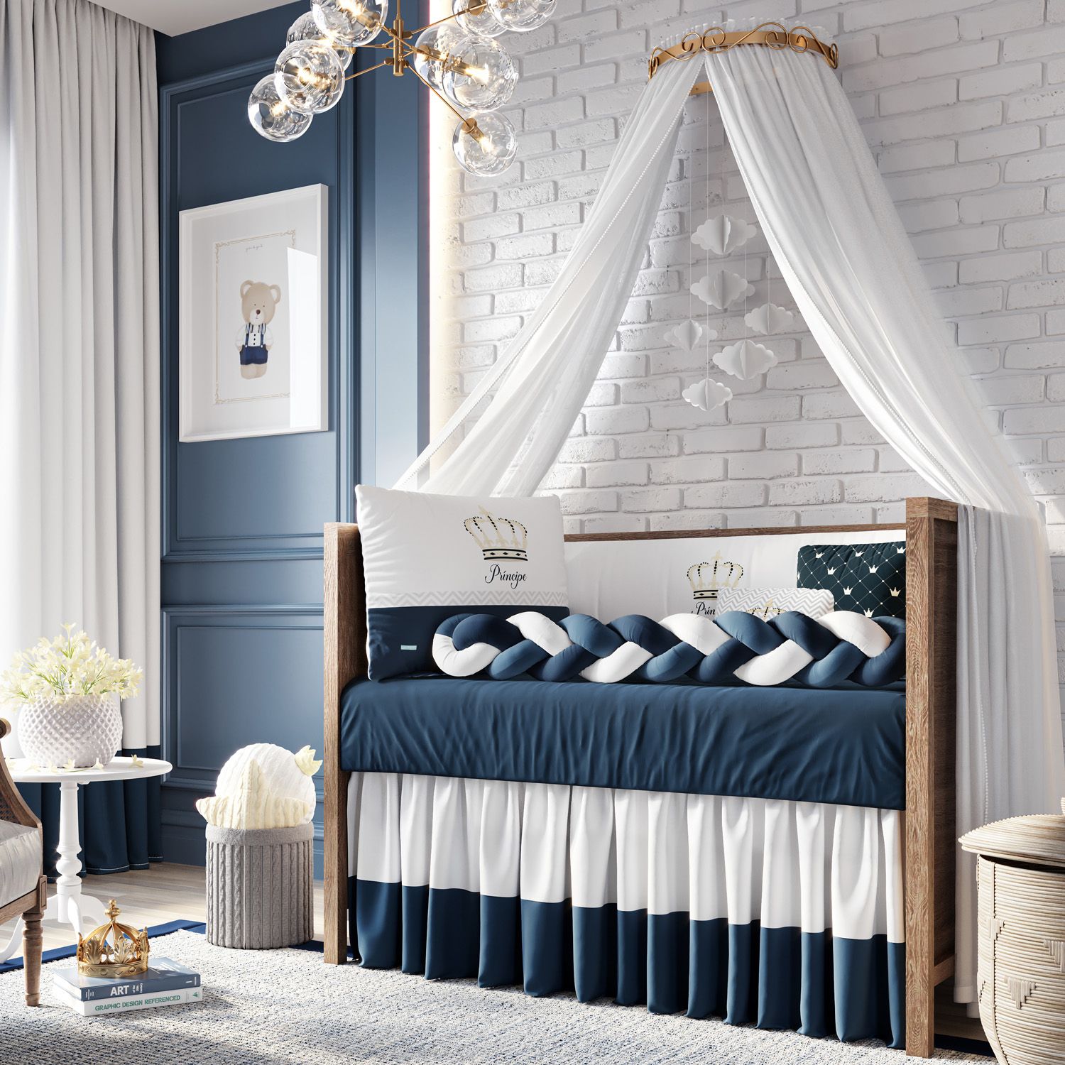 Kit Berço Trança Coroa Meu Príncipe Azul Marinho