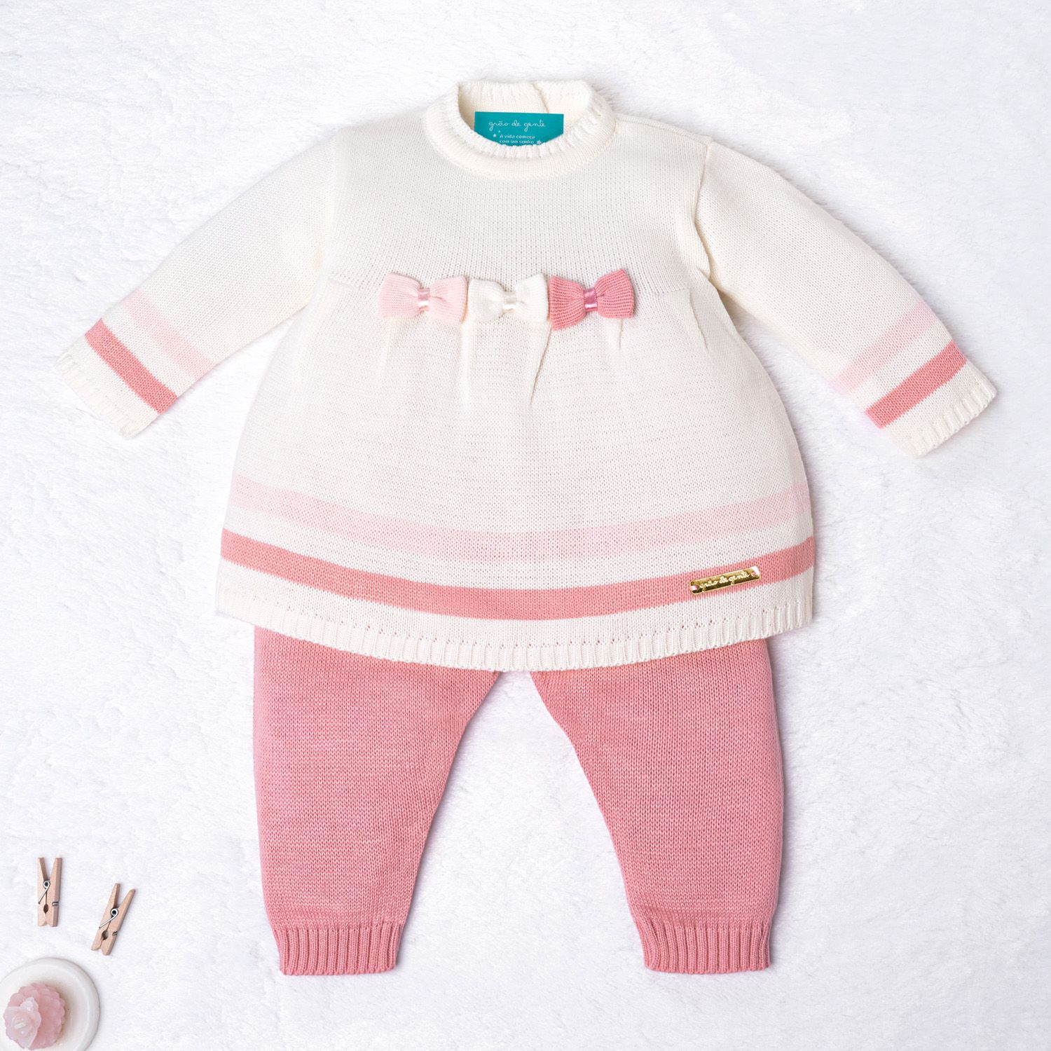 Saída Maternidade Tricot Vestido e Calça Navy Off White e Rosa 02 Peças