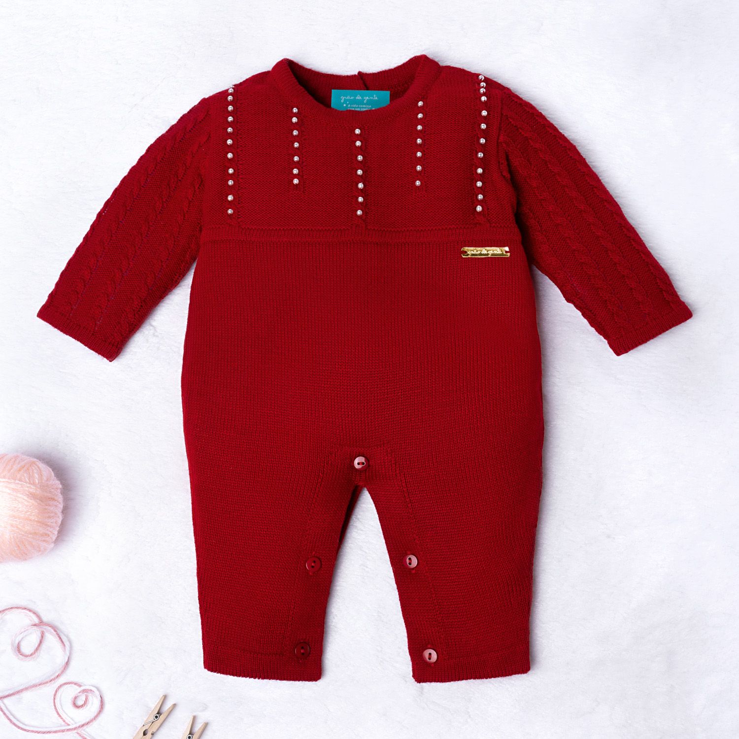 Macacão Tricot Trança Chuva de Pérolas Vermelho