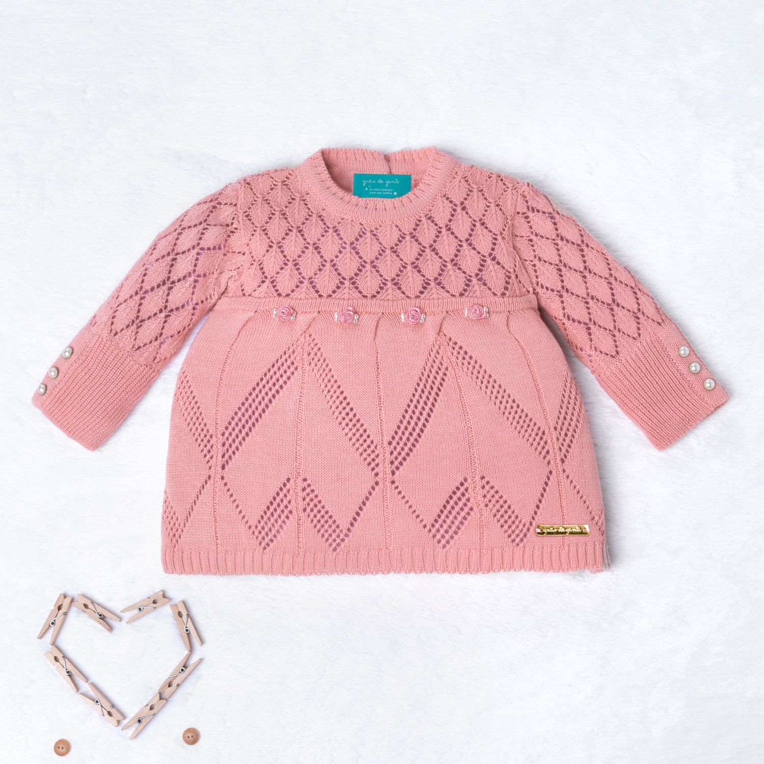 Saída Maternidade Tricot Vestido e Calça Losango Rococó Rosa Chiclete 02 Peças