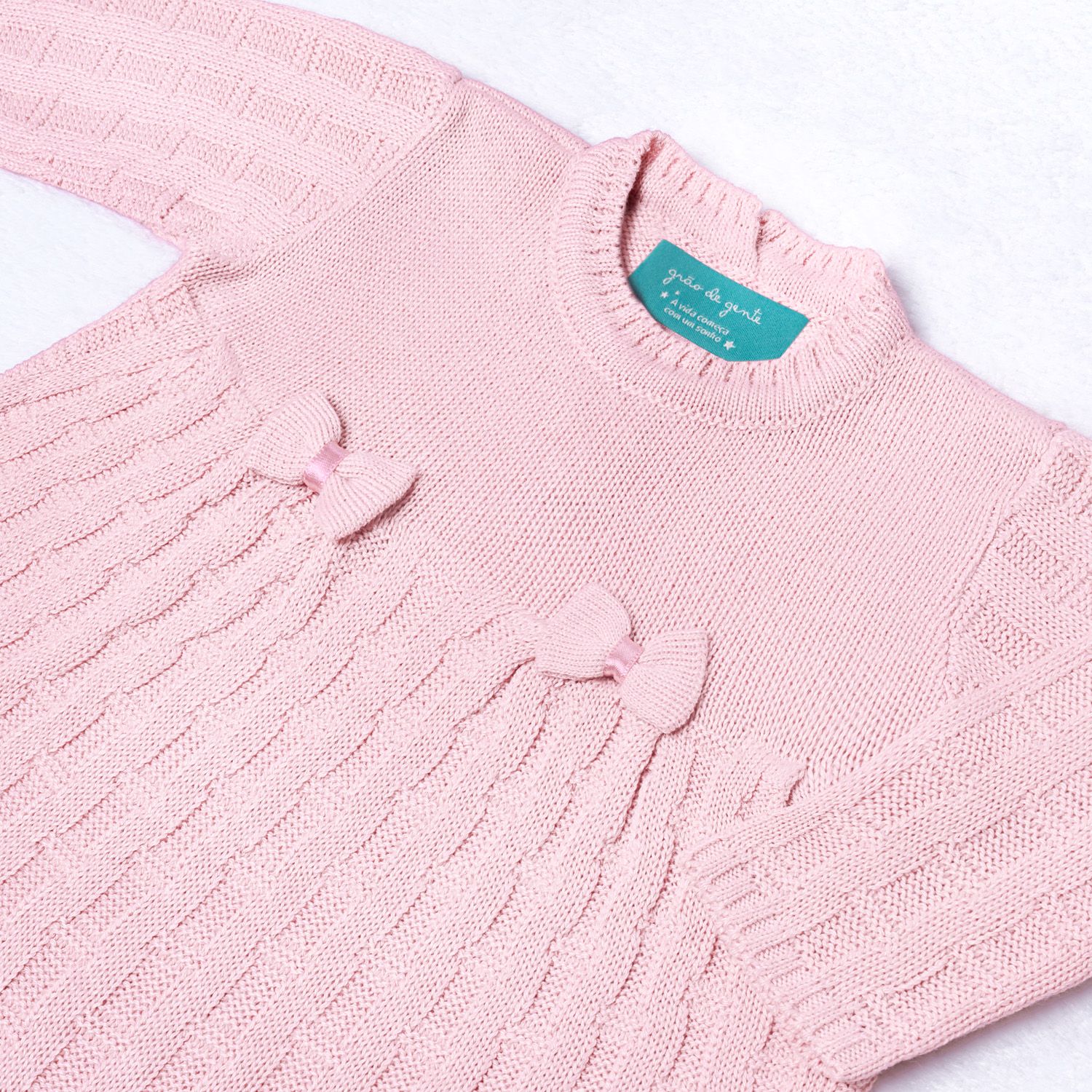 Saída Maternidade Tricot Vestido e Calça Tijolinho e Lacinhos Branco 02 Peças