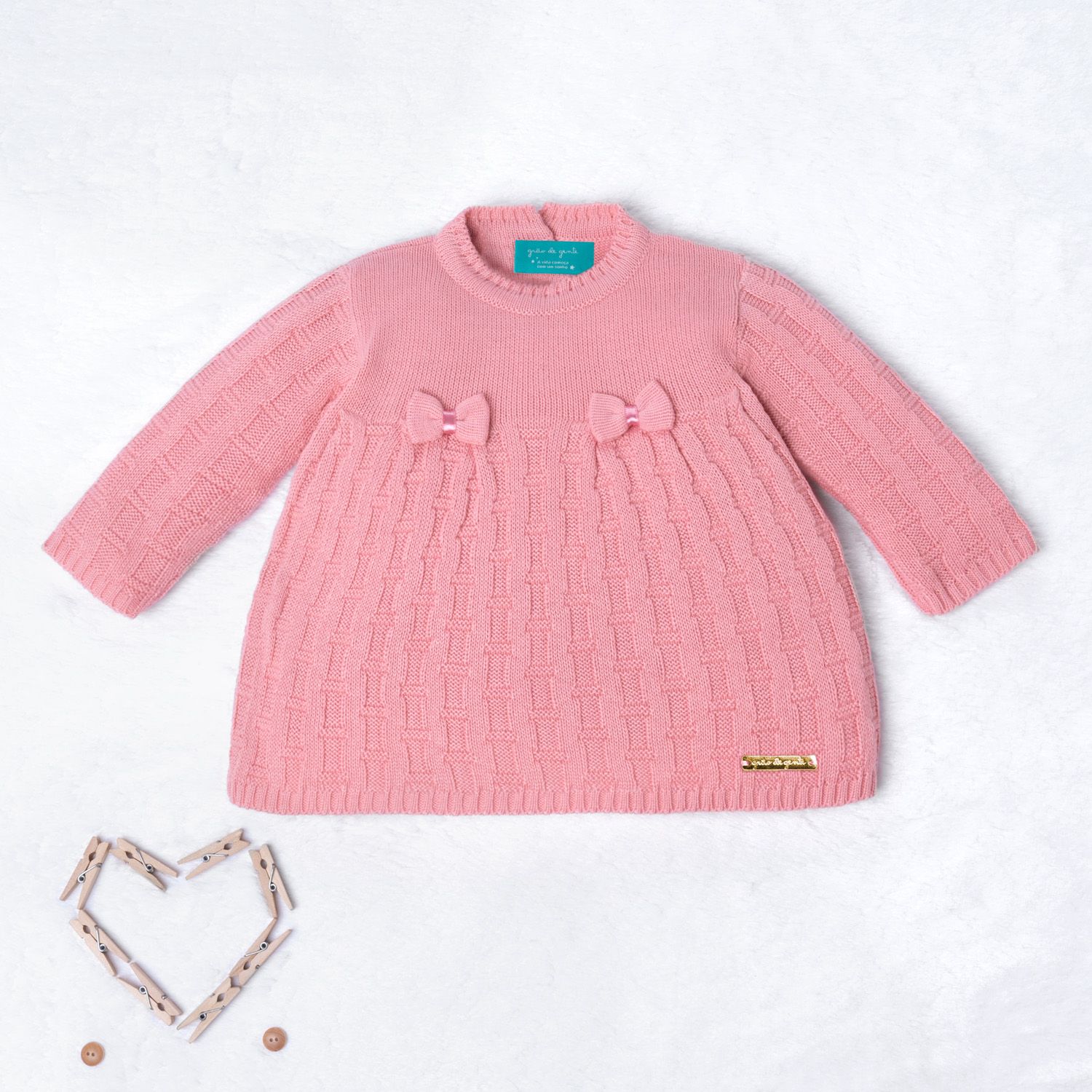 Saída Maternidade Tricot Vestido e Calça Tijolinho e Lacinhos Branco 02 Peças