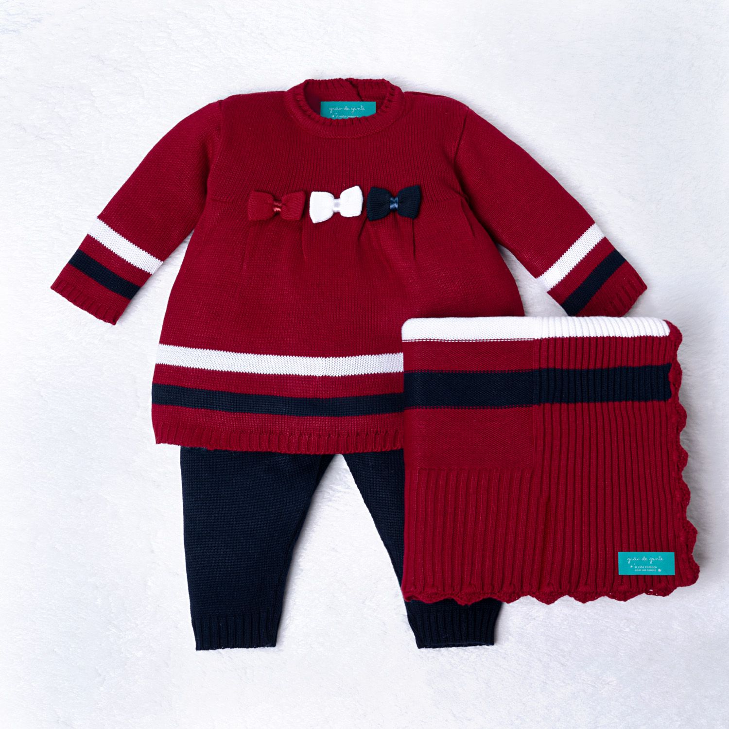 Saída Maternidade Tricot Vestido e Calça Navy Azul Marinho e Vermelho 03 Peças