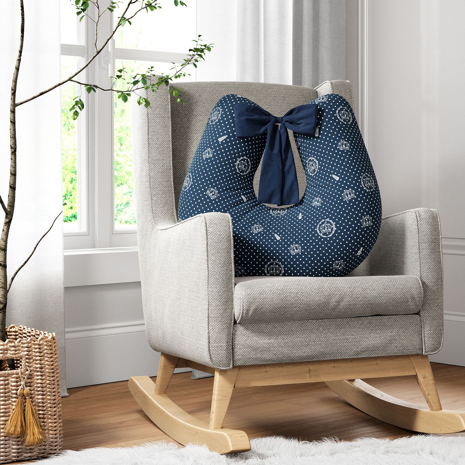 Almofada Amamentação Coroa e Poá Azul Marinho com Laço