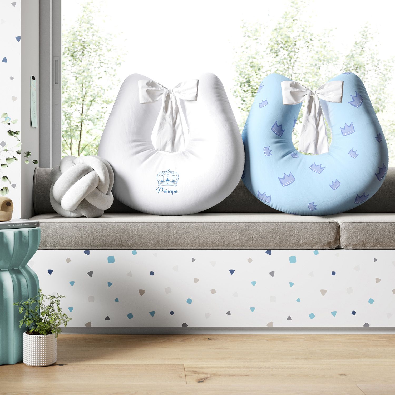 Almofada Amamentação Menino Príncipe Azul Frente e Verso com Laço