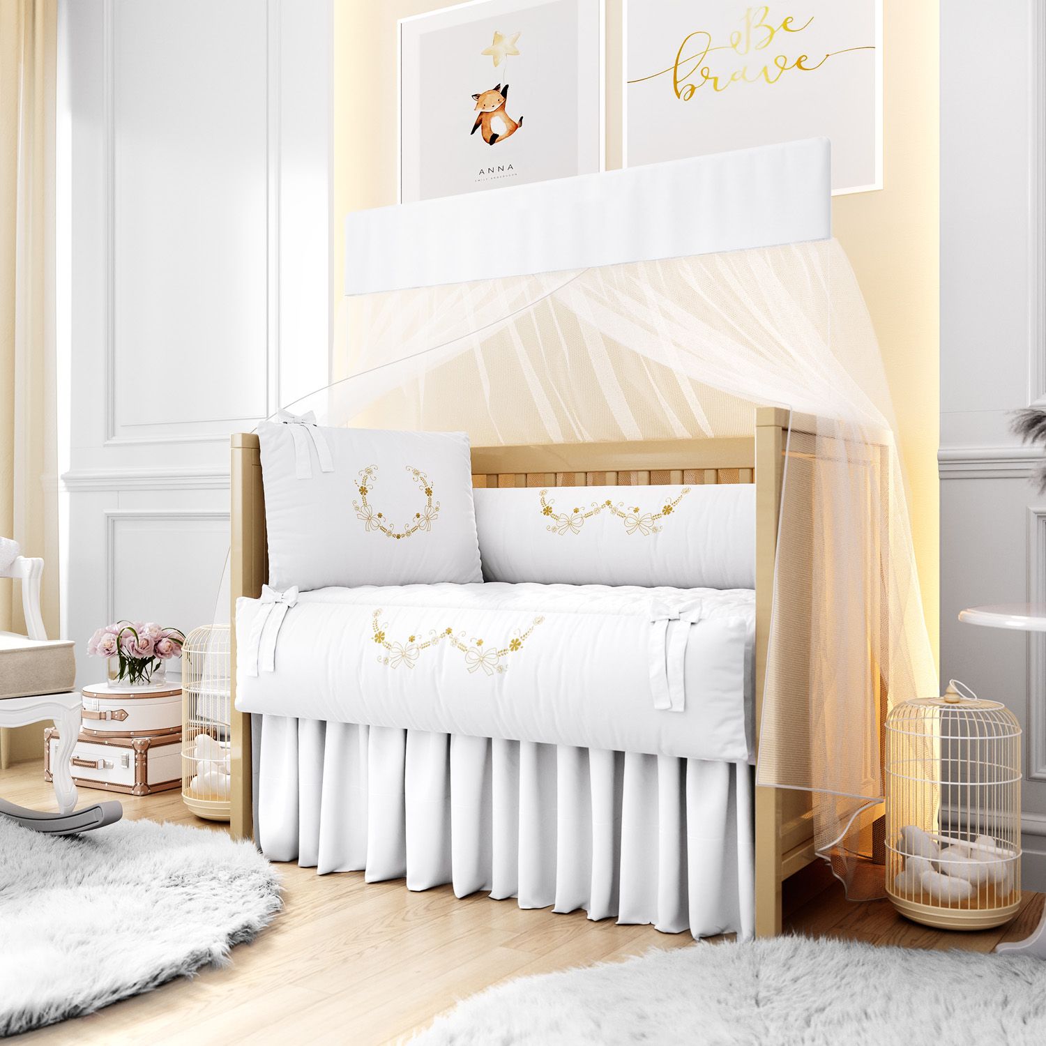 Kit Berço Arabesco Branco e Dourado