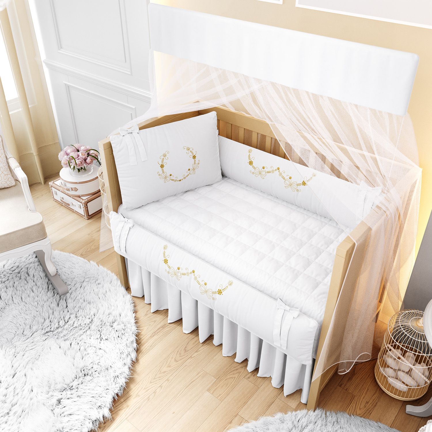 Kit Berço Arabesco Branco e Dourado