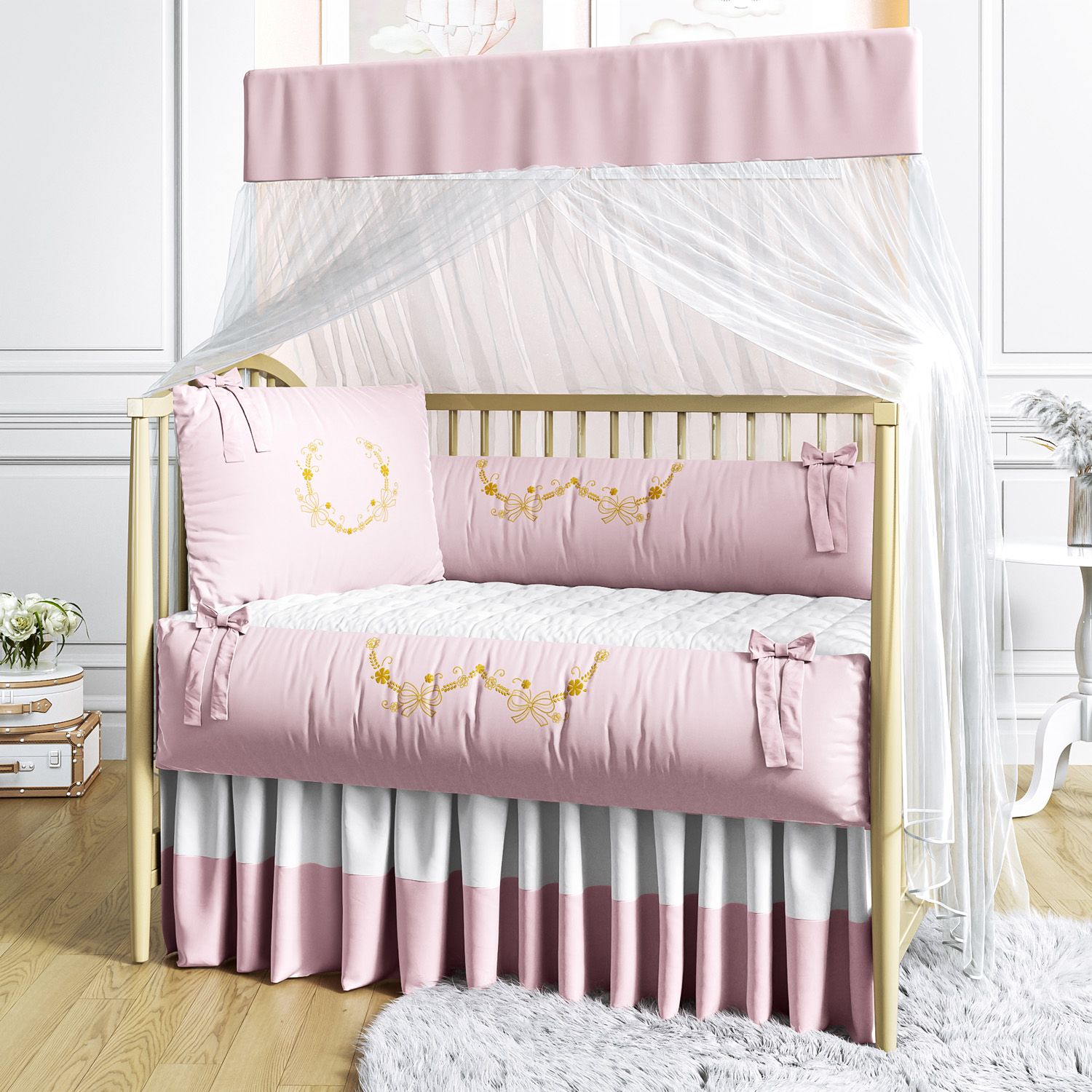 Kit Berço Arabesco Branco e Dourado