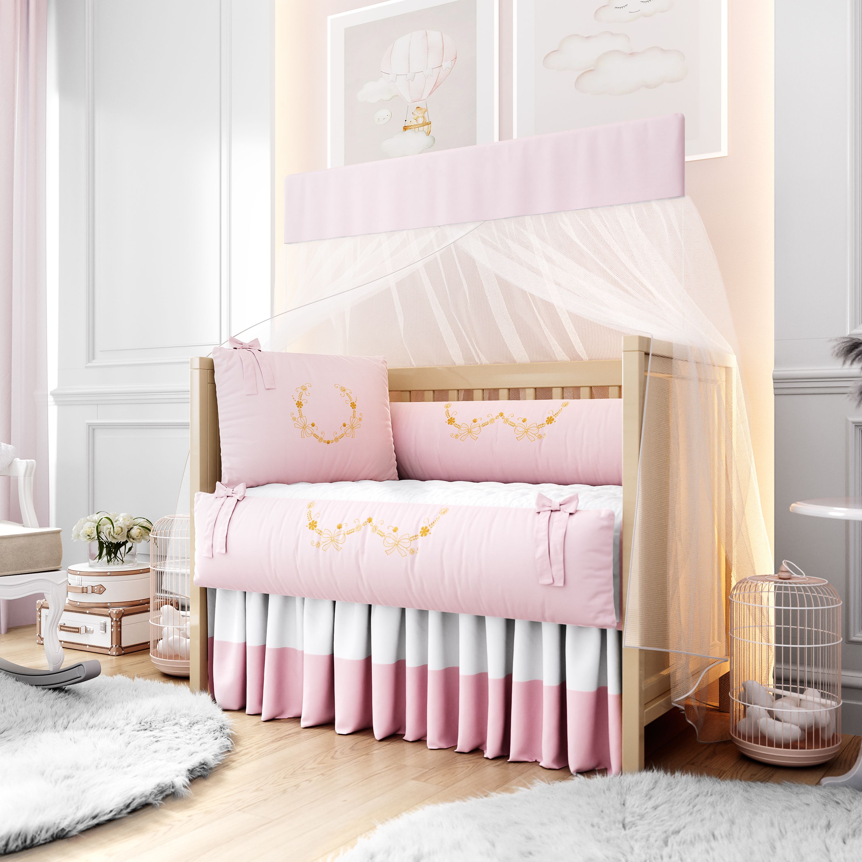 Kit Berço Arabesco Branco e Dourado