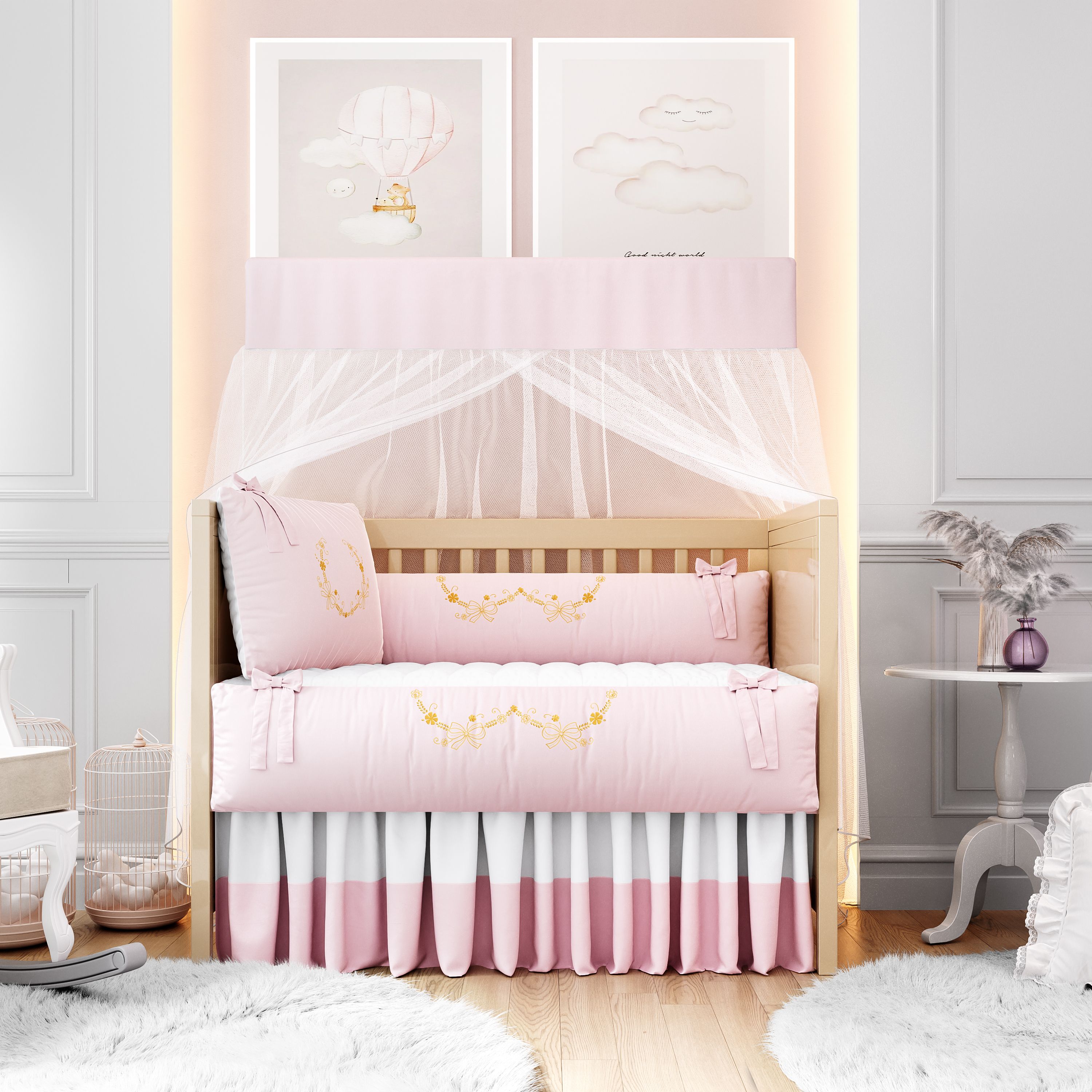 Kit Berço Arabesco Branco e Dourado