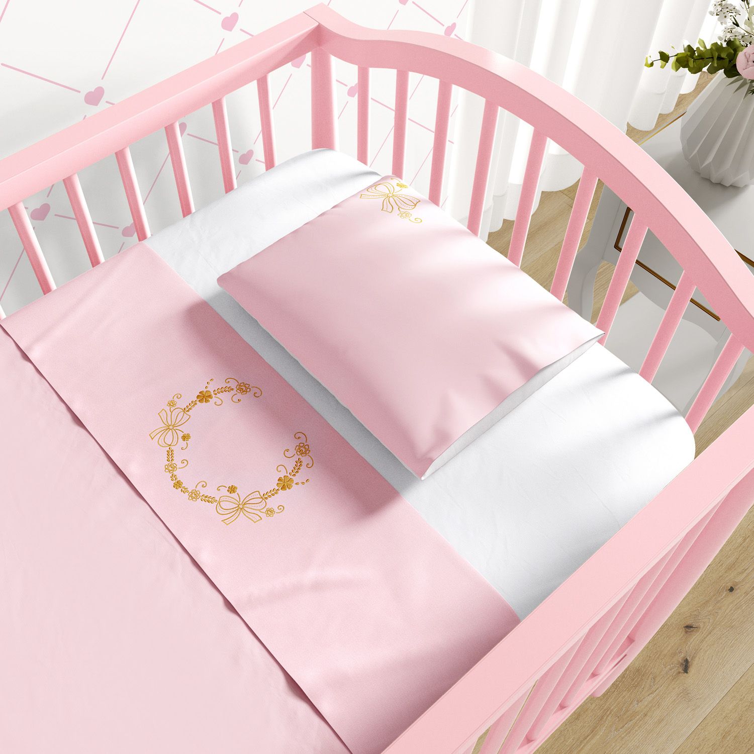 Jogo de Lençol Berço Arabesco Rosa e Dourado 3 peças