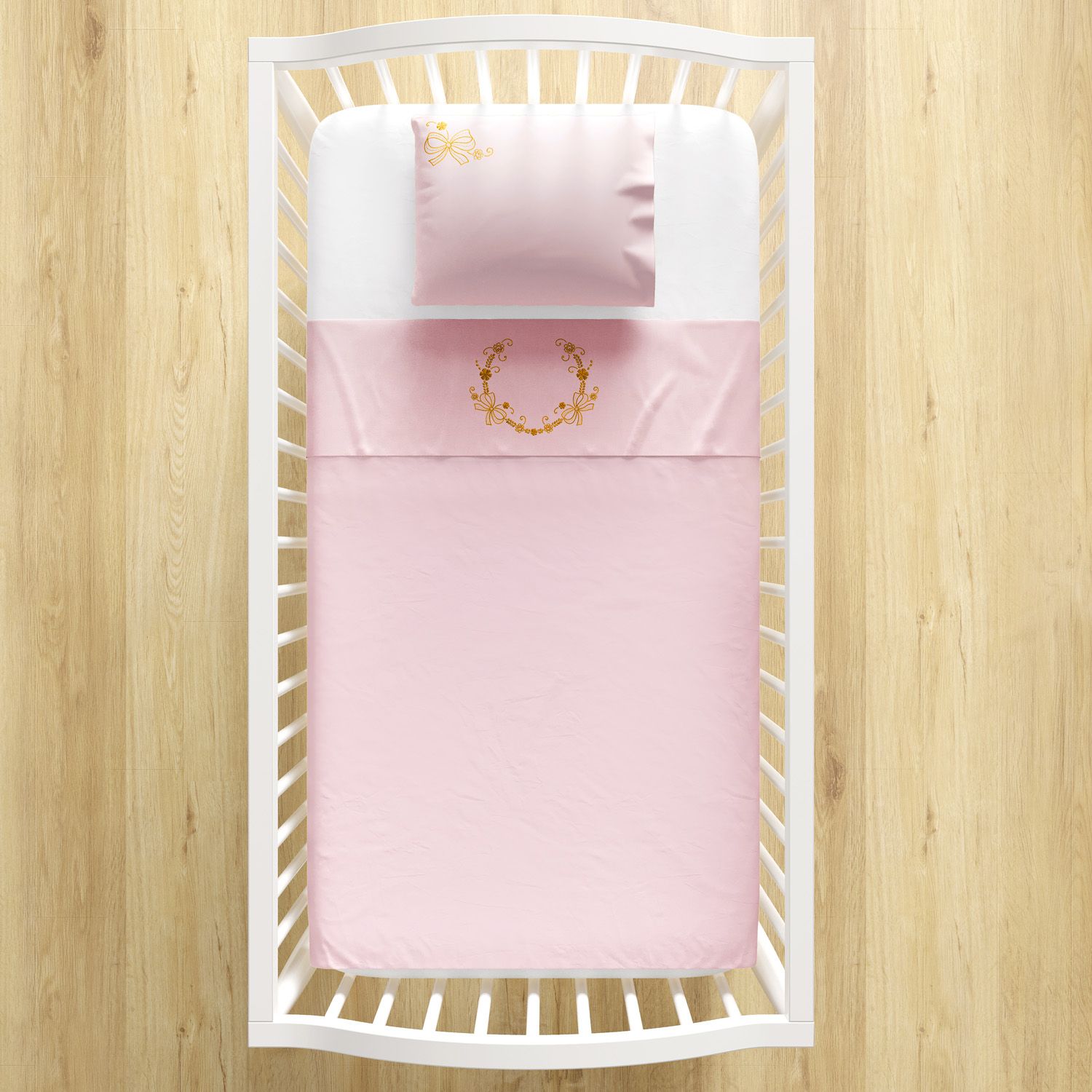 Jogo de Lençol Berço Arabesco Rosa e Dourado 3 peças