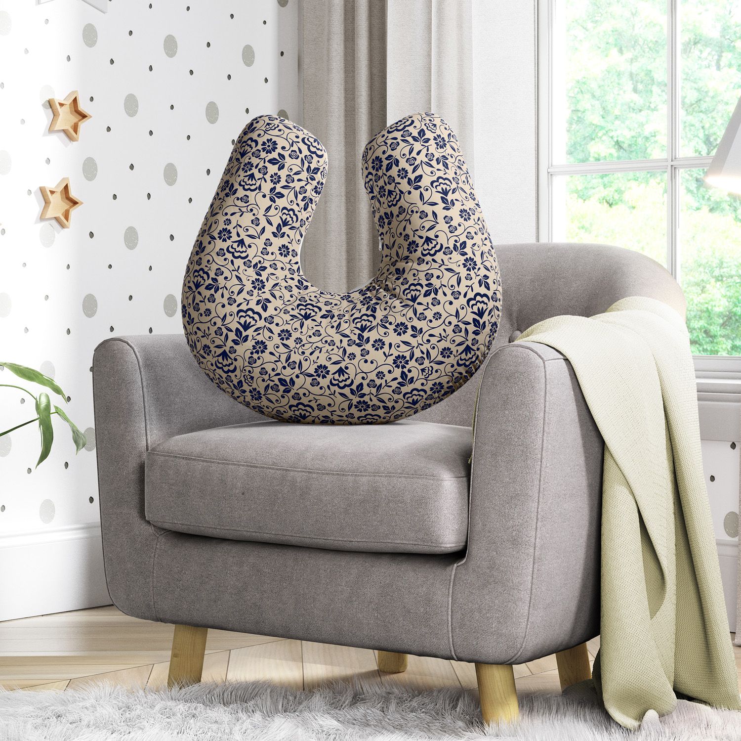 Almofada Amamentação Floral Luxo Azul Marinho