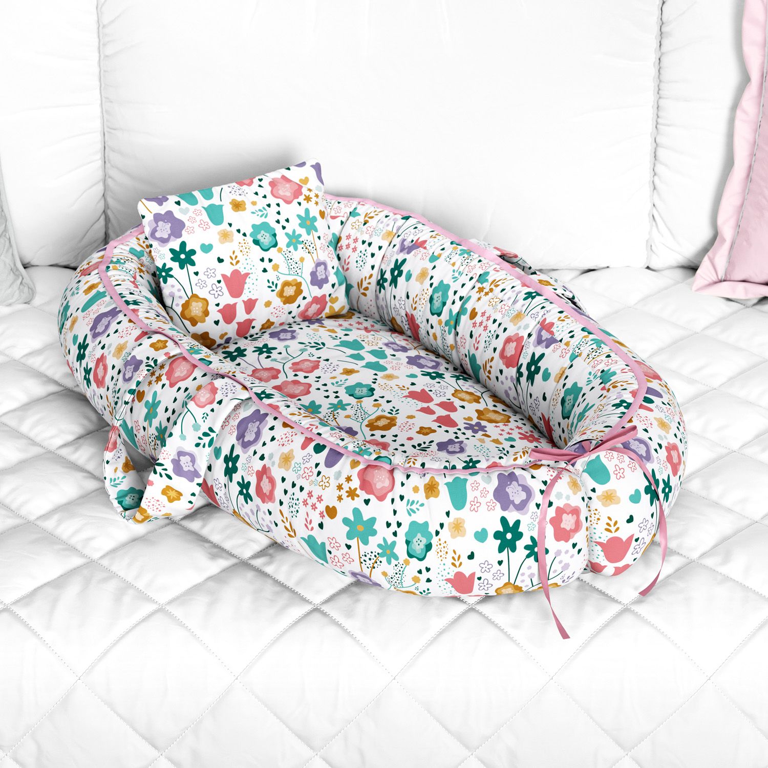 Ninho para Bebê Redutor de Berço Buquê de Flores Colorido 80cm