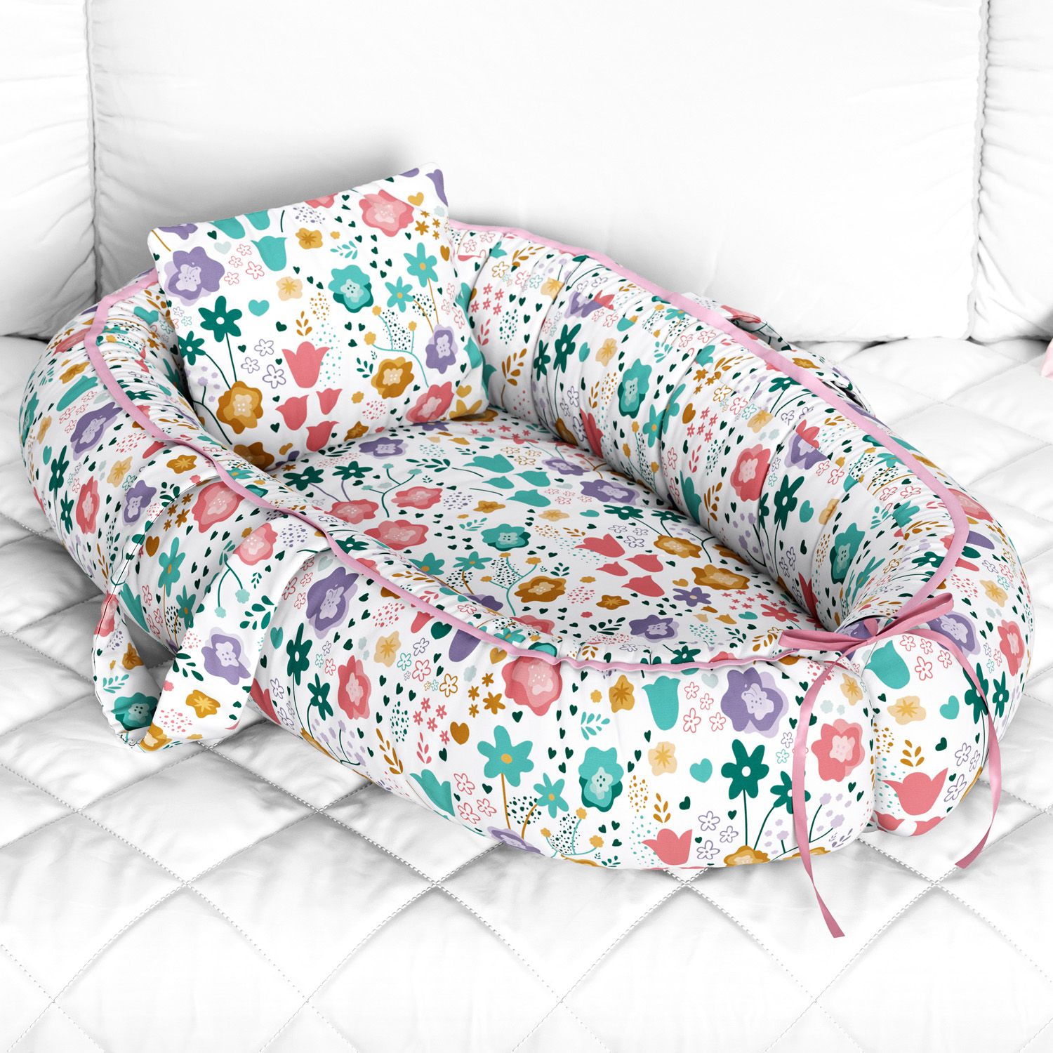 Ninho para Bebê Redutor de Berço Buquê de Flores Colorido 80cm