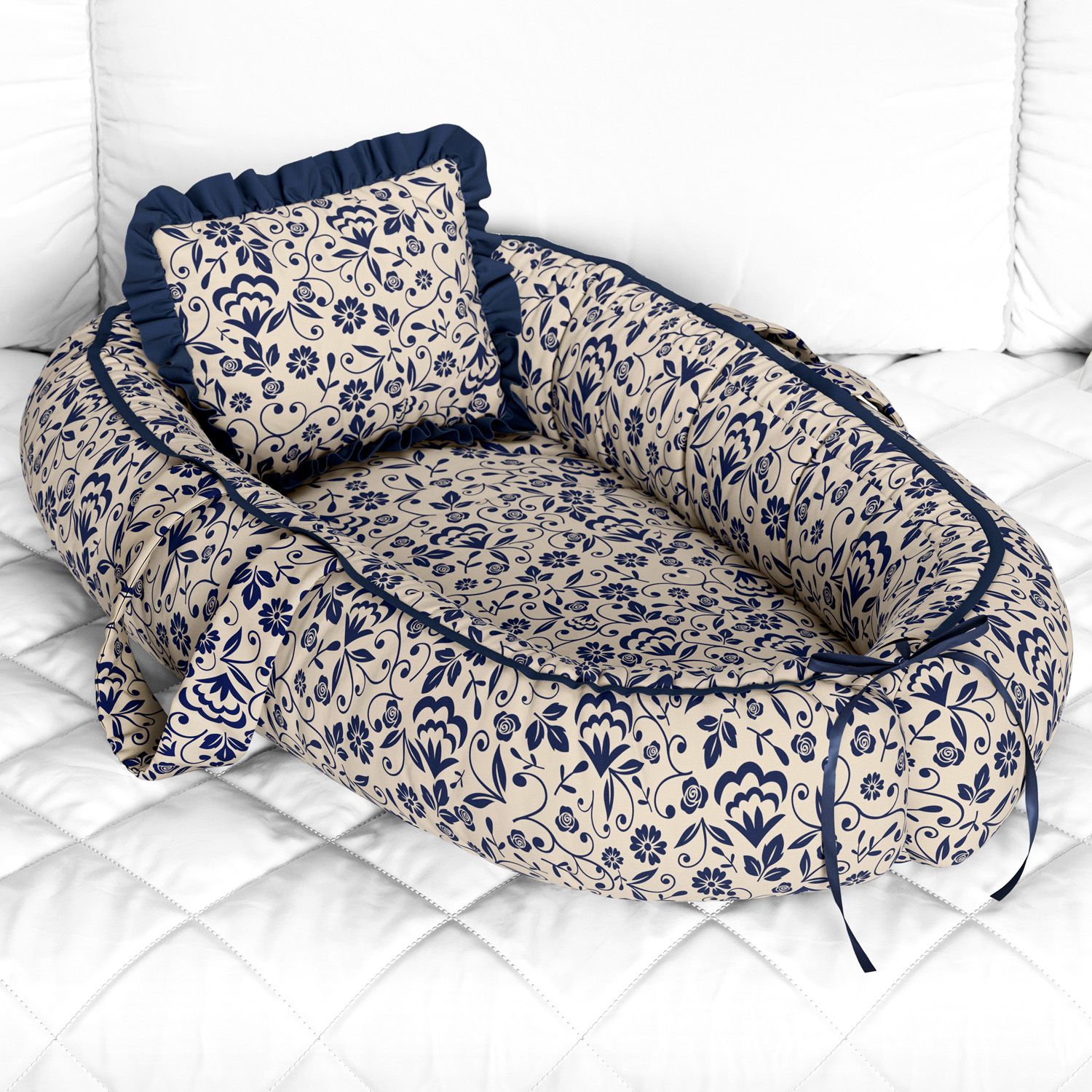 Ninho para Bebê Redutor de Berço Floral Luxo Azul Marinho 80cm
