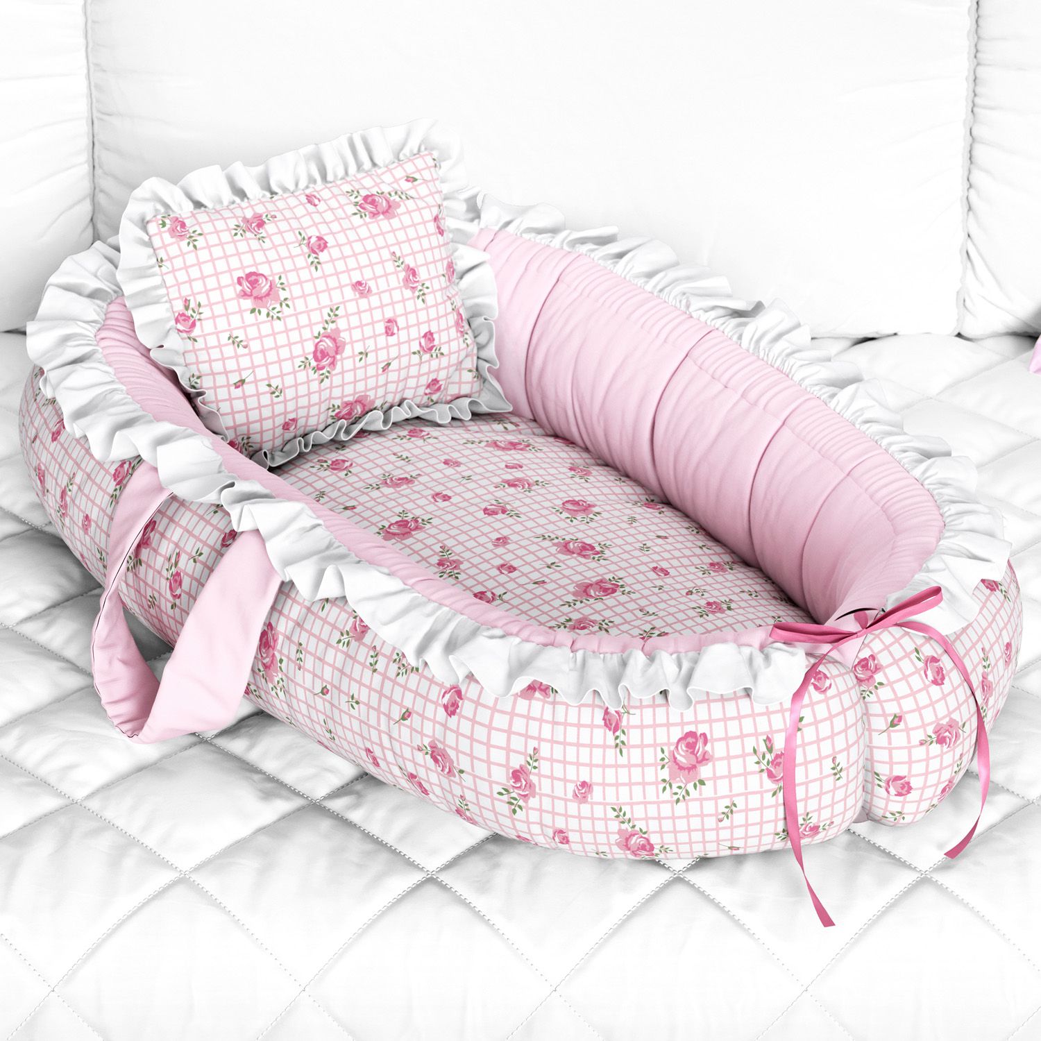 Ninho para Bebê Redutor de Berço Rosas Xadrez 80cm