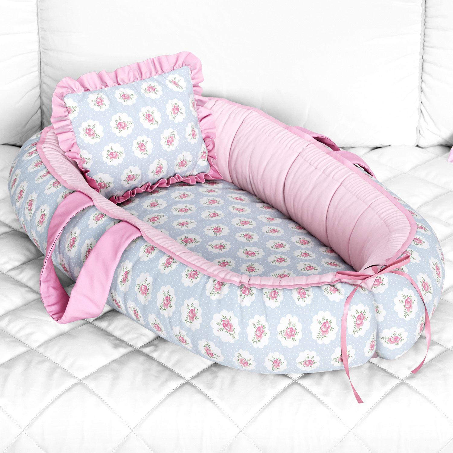 Ninho para Bebê Redutor de Berço Floral Liberty Poá Azul e Rosa 80cm