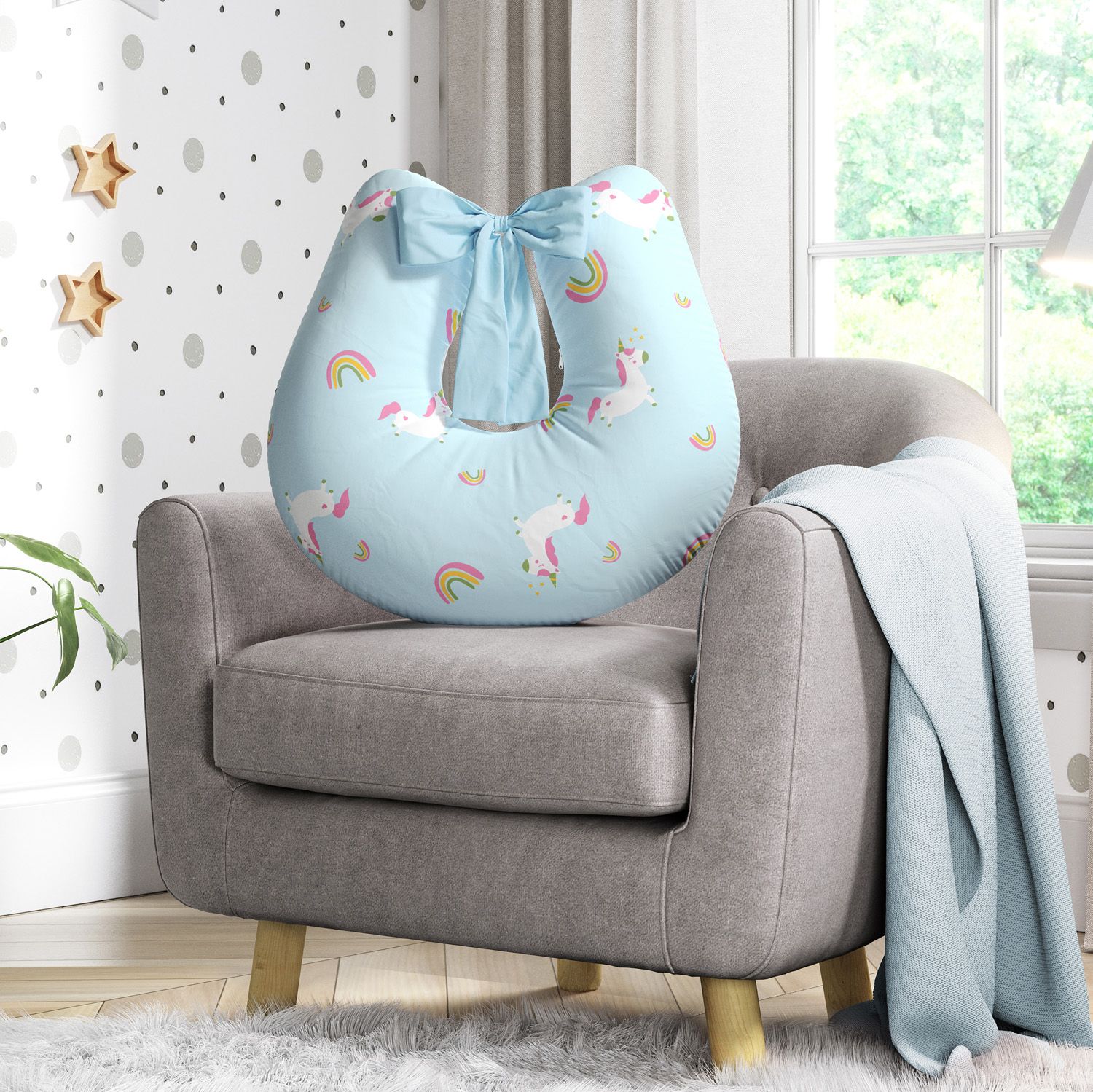 Almofada Amamentação Amiguinhas Unicórnio Azul com Laço