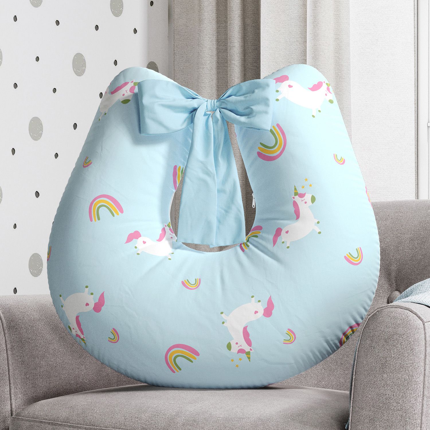 Almofada Amamentação Amiguinhas Unicórnio Azul com Laço