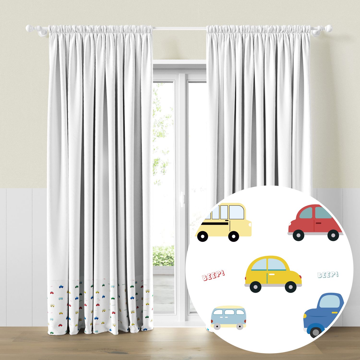 Cortina Infantil e Bebê Carrinhos Coloridos
