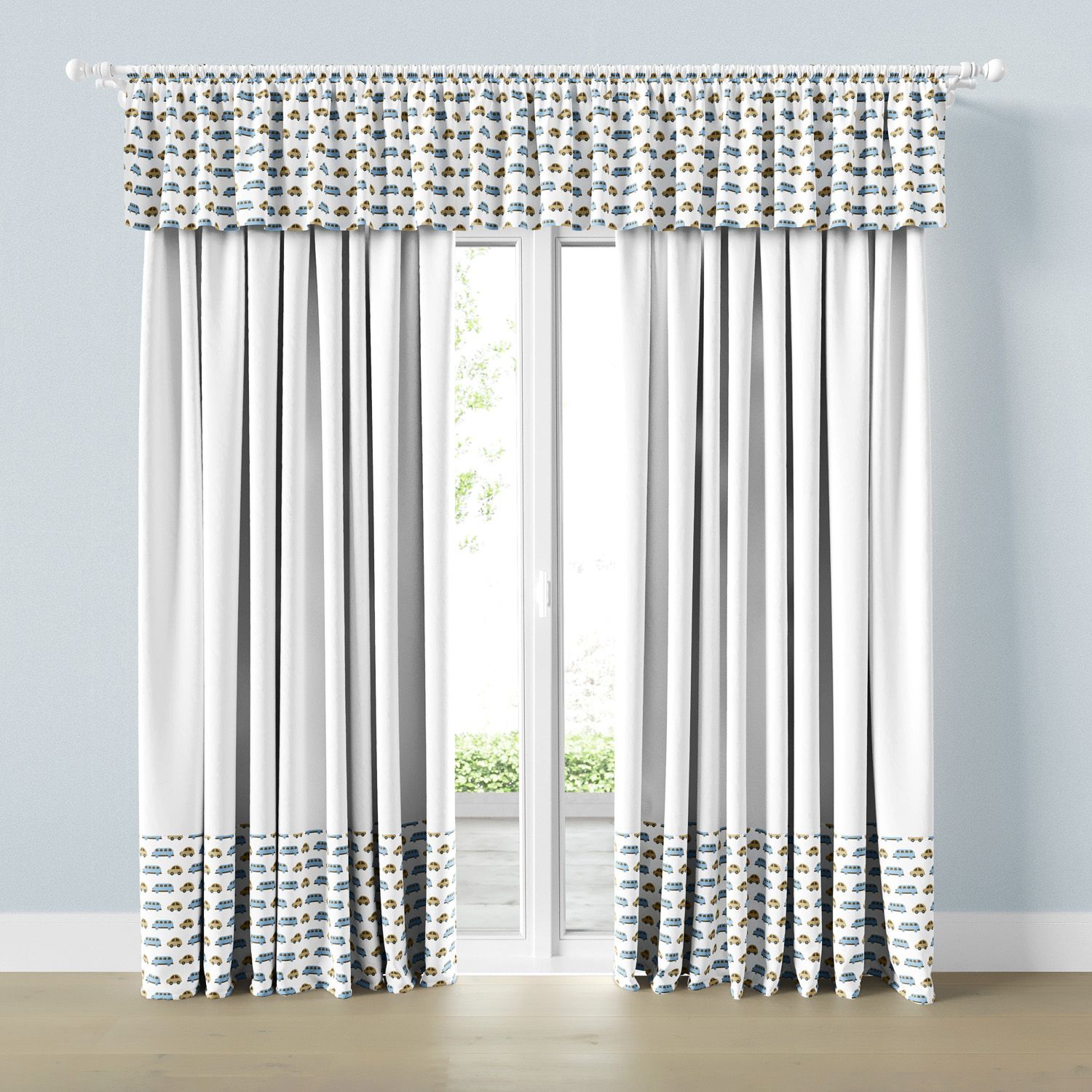 Cortina Infantil e Bebê Carrinhos Azul e Bege