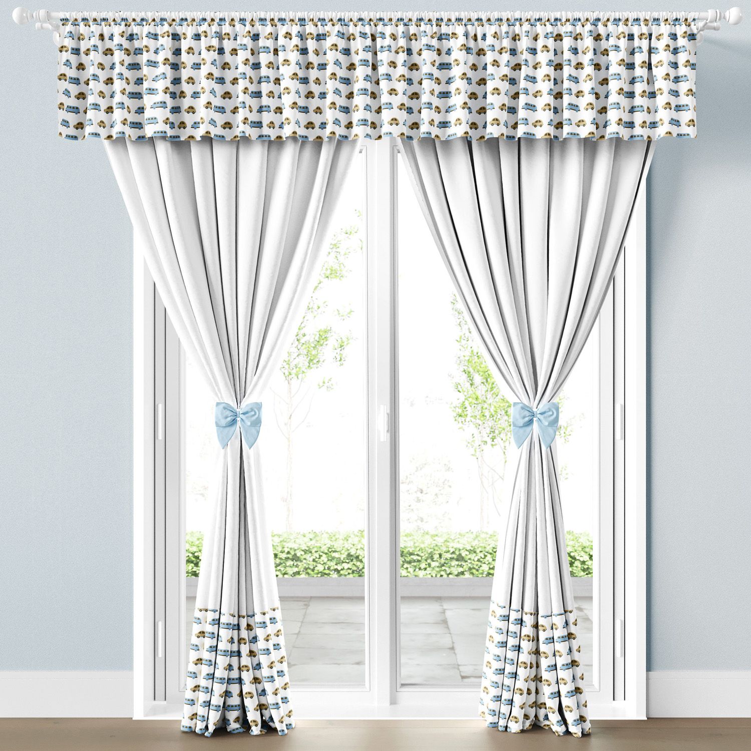 Cortina Infantil e Bebê Carrinhos Azul e Bege