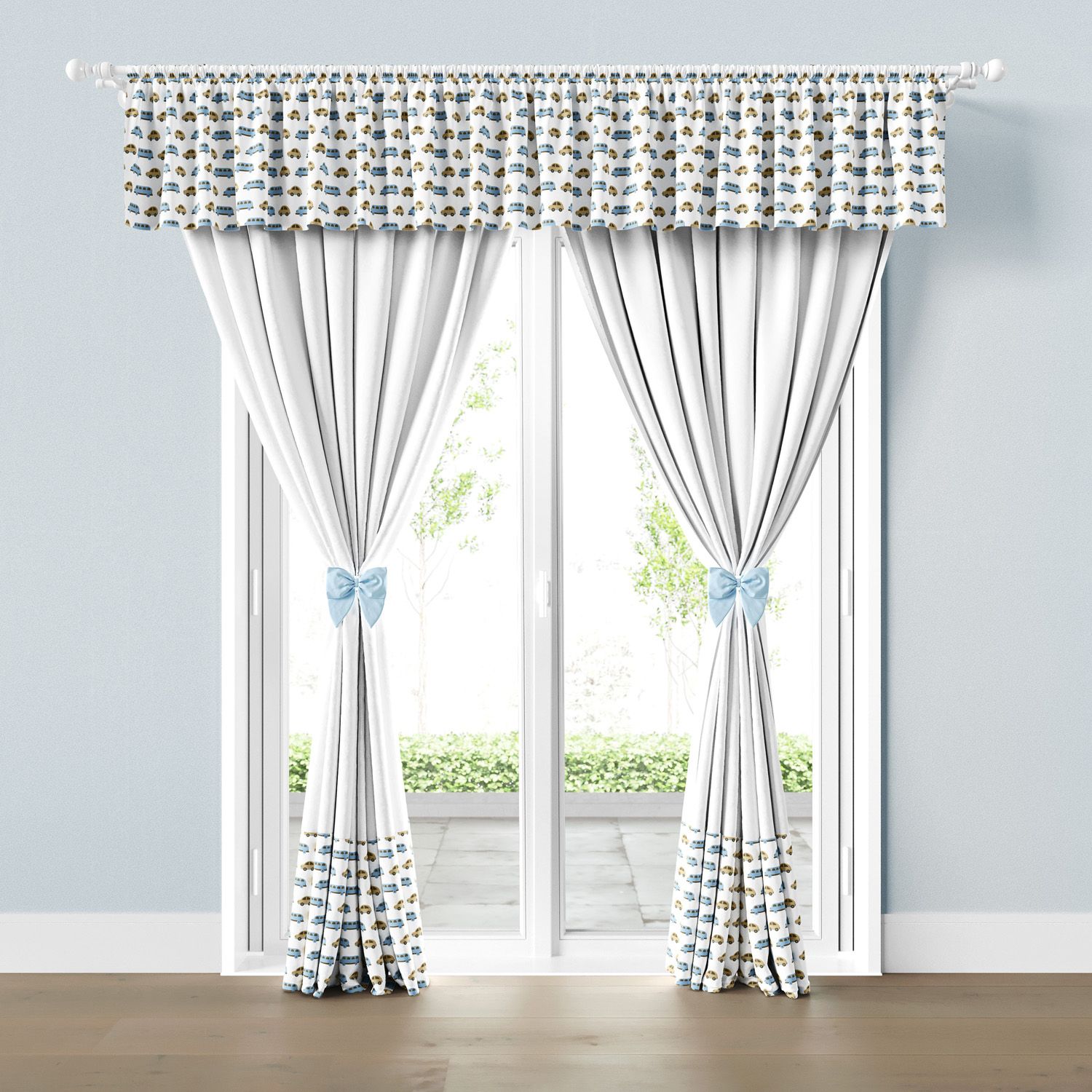 Cortina Infantil e Bebê Carrinhos Azul e Bege