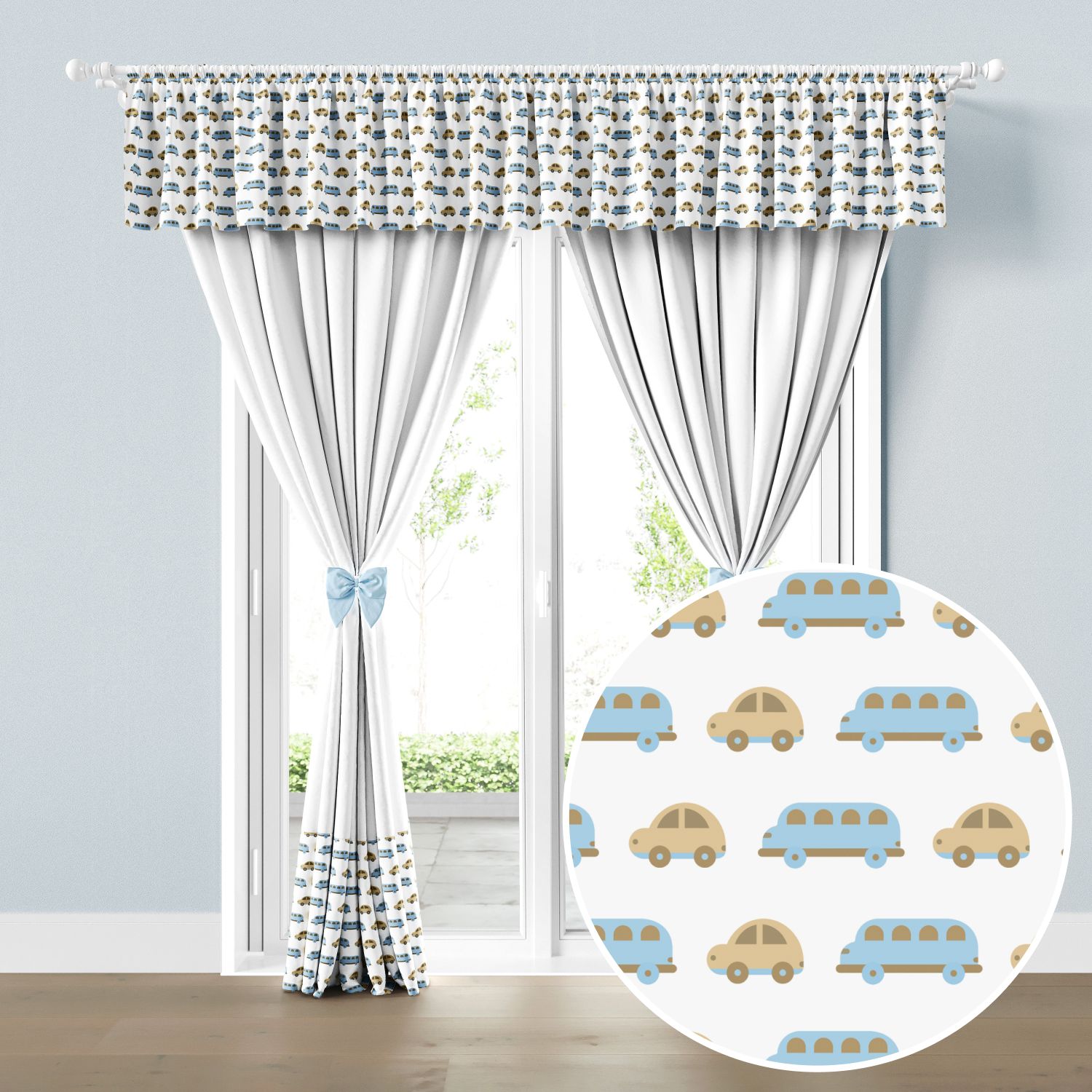 Cortina Infantil e Bebê Carrinhos Azul e Bege