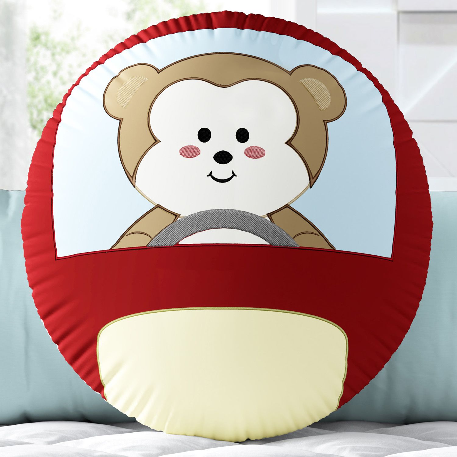 Almofada Redonda Amiguinho Macaquinho no Carrinho