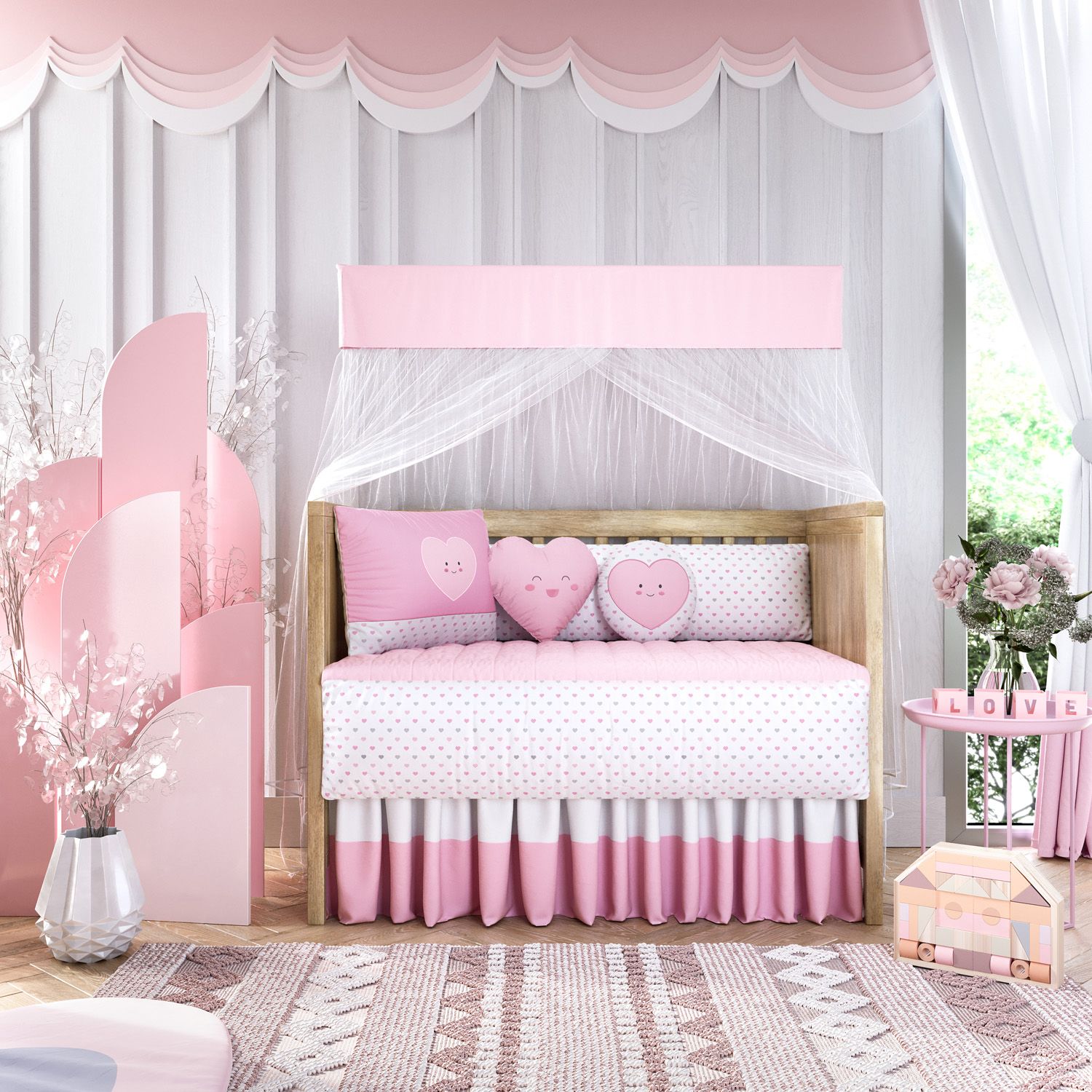 Kit Berço Corações Rosa