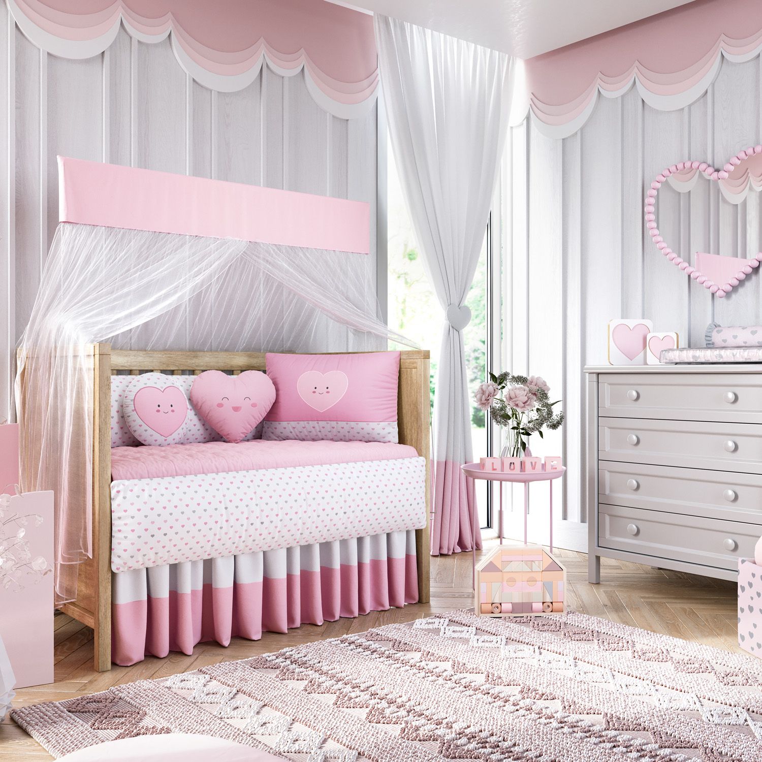 Kit Berço Corações Rosa
